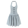 Front view of the light blue striped halter dress, featuring gray ribbon bows on the bodice, gathered waist ruffle, and flared skirt.