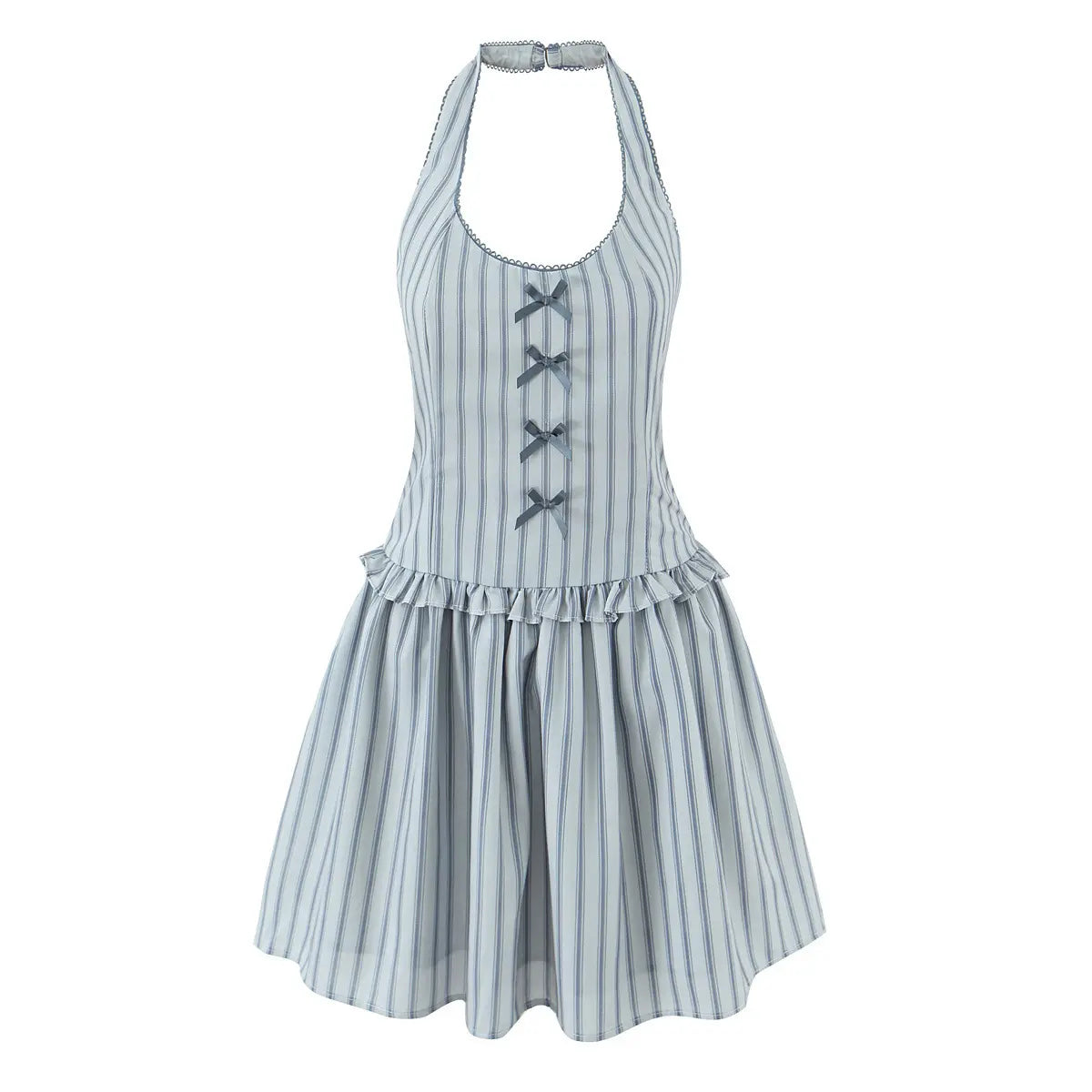 Front view of the light blue striped halter dress, featuring gray ribbon bows on the bodice, gathered waist ruffle, and flared skirt.