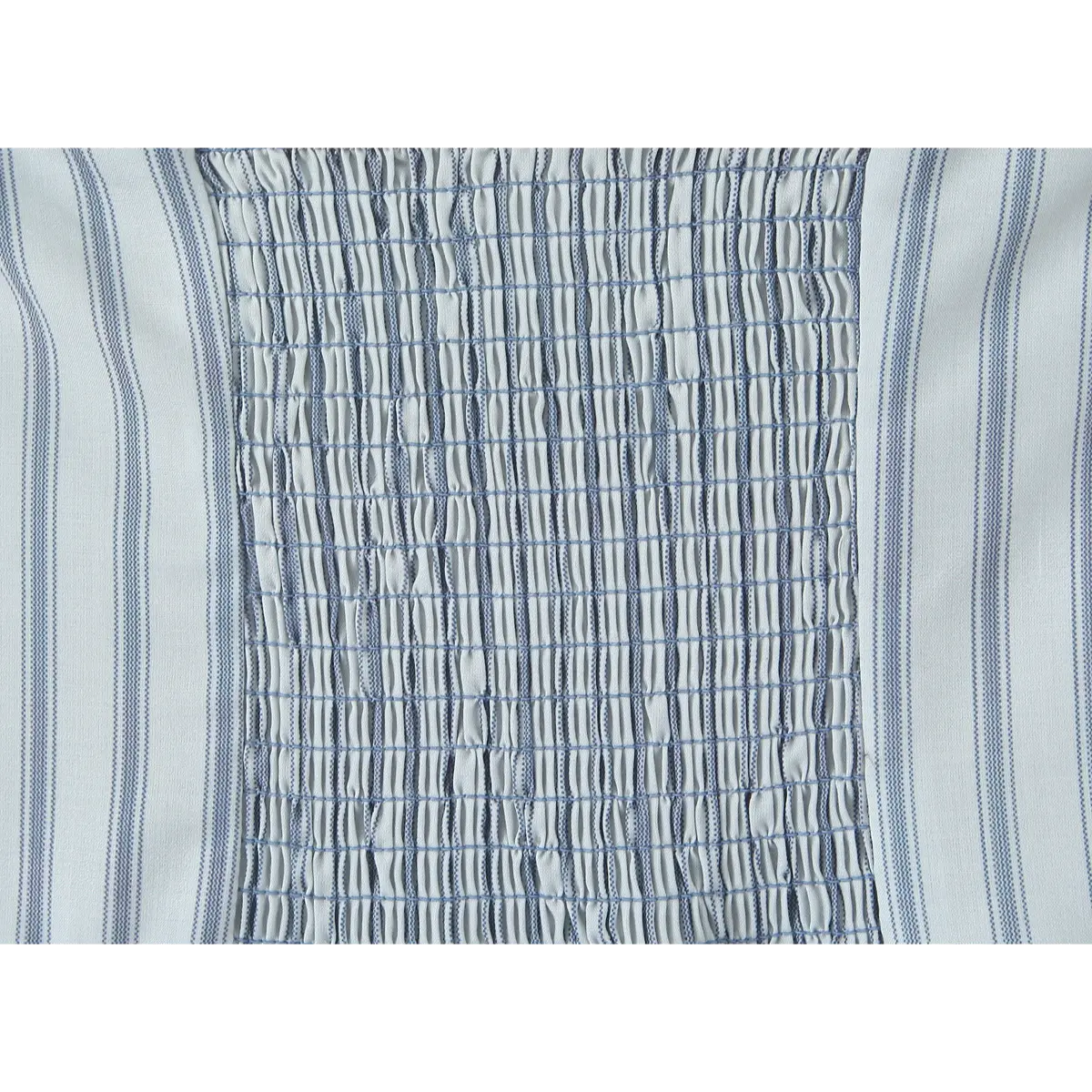 Close-up of the smocked elastic panel on the back of the light blue striped halter dress, showing the stitching detail.