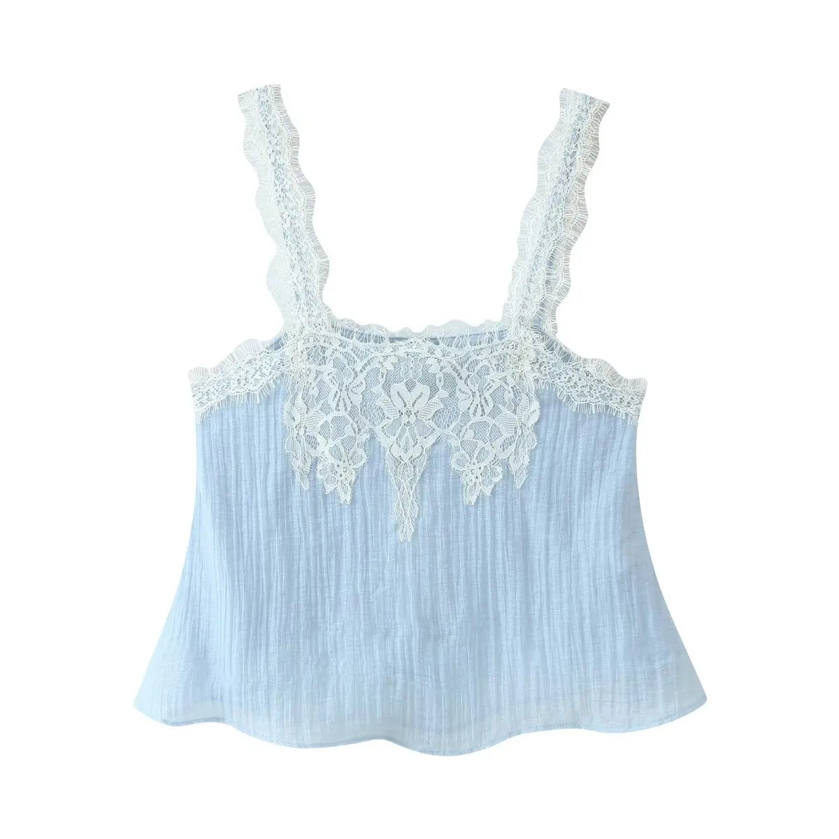 Overall front look of stylish lace spliced cami top with loose casual cut.