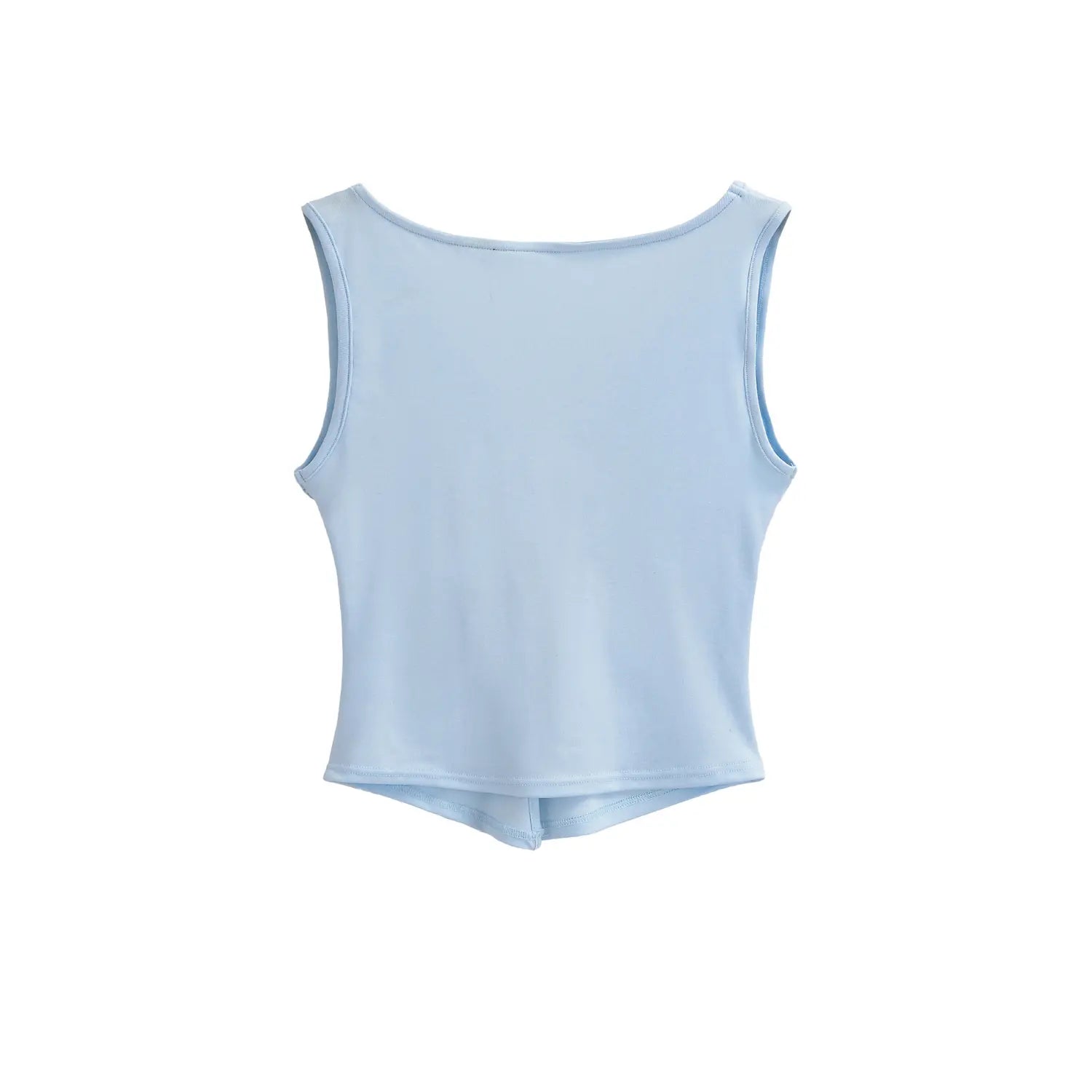 Light blue double twist sleeveless tank back full plain white flat lay, basic crew neck binding solid stretch knit ruched cropped hem minimalist solid camisole product shot
