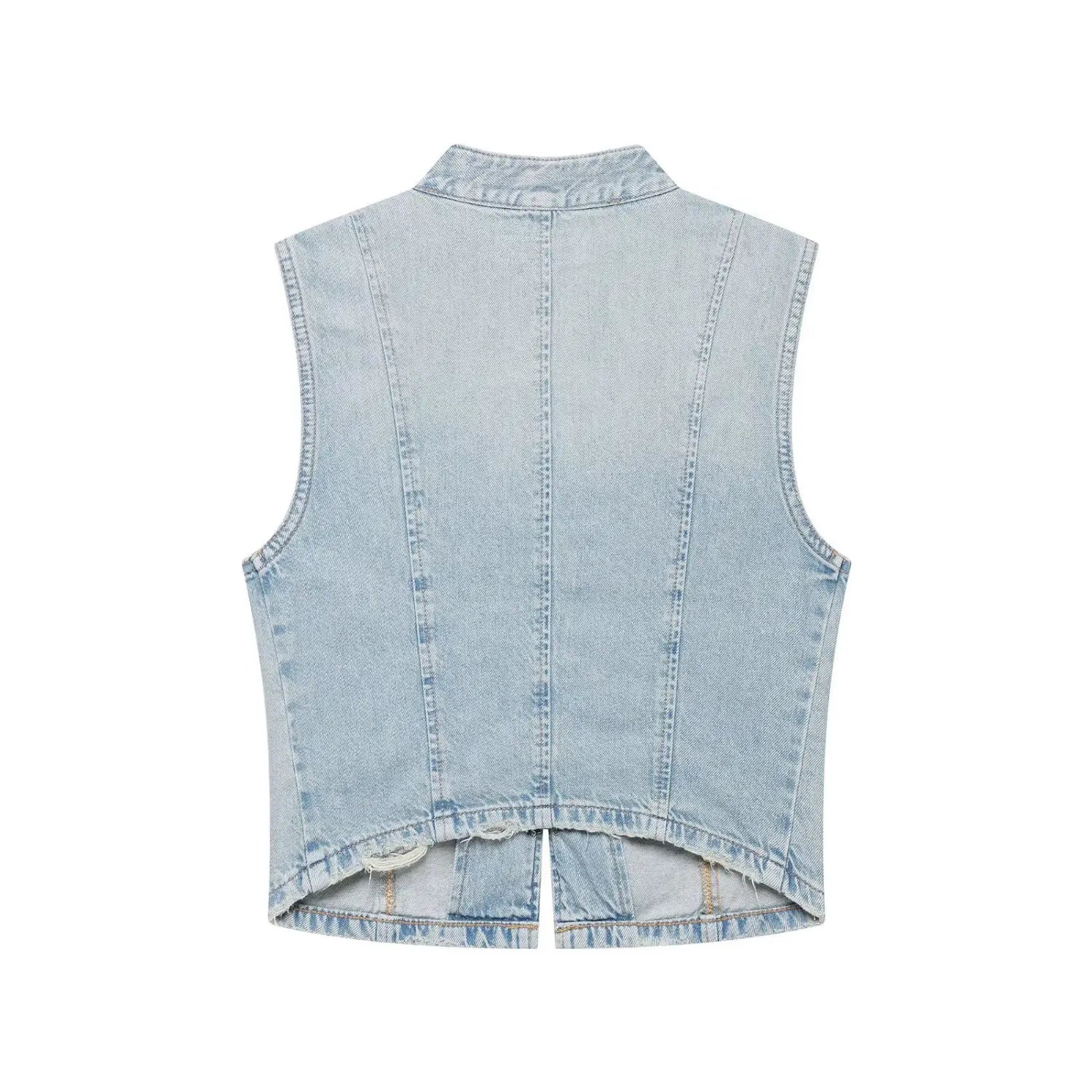  Back view light blue washed denim sleeveless vest, structured stitching and frayed hem