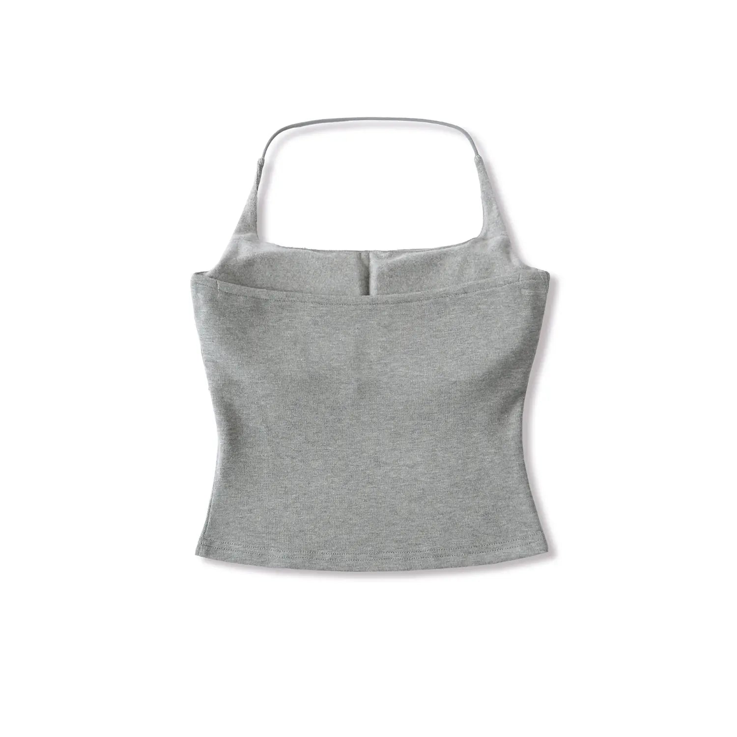 Light gray halter knit cami full back plain white render shot, seamless one-piece smooth back divided inner pad minimalist back fit shot