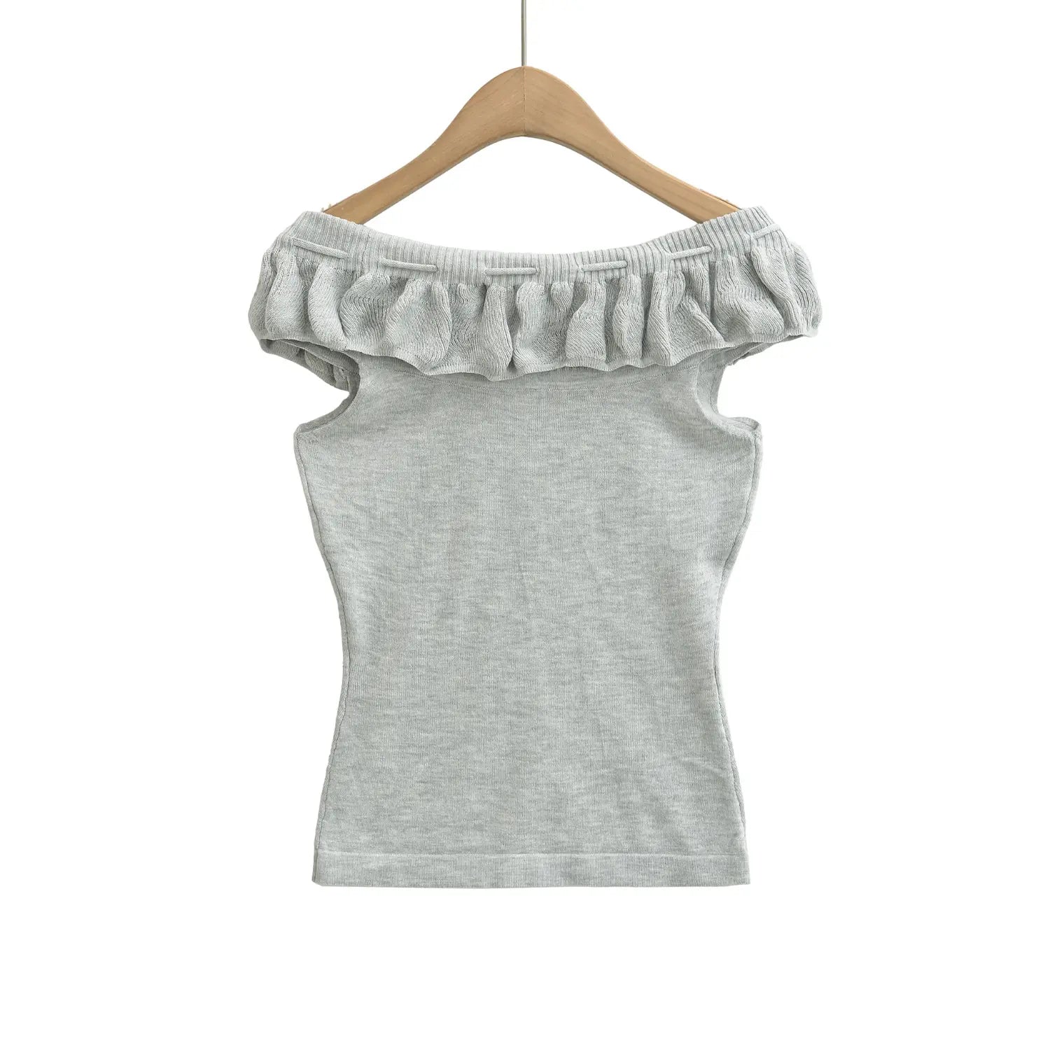 Light gray knit off shoulder tube top full back hanger plain white flat lay, smooth one-piece back panel plain stretch knit slim waist back detail shot