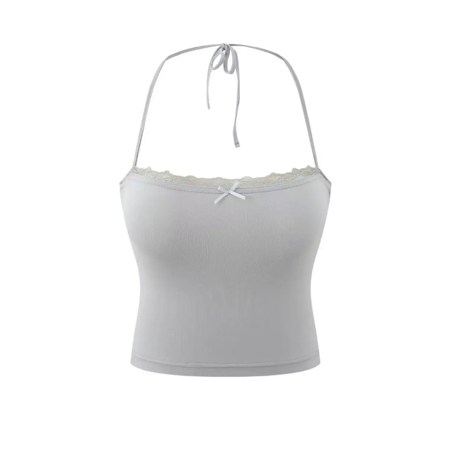 Studio product front view light gray halter cami top delicate lace trim and tiny bow decor