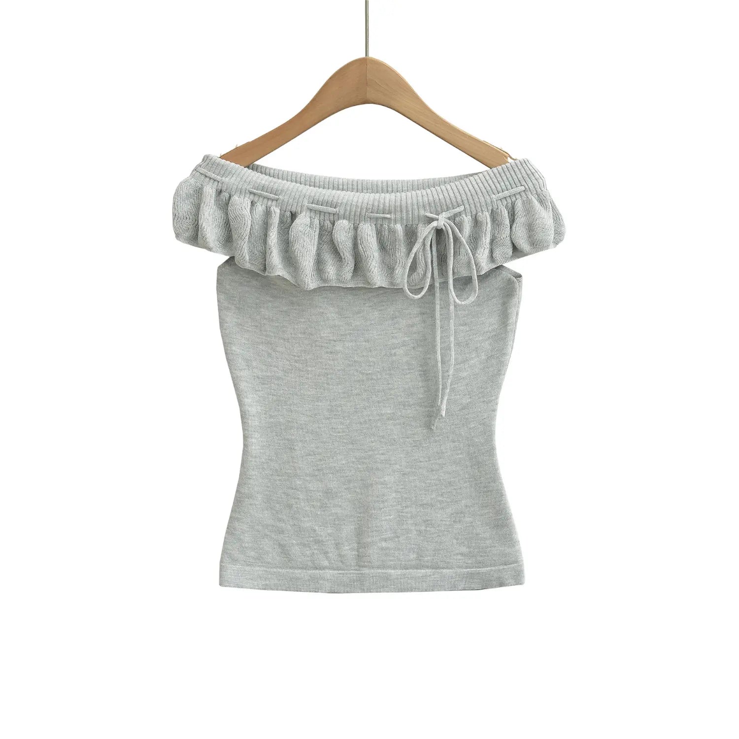 Light heather gray ruffle knit tube top front hanger plain white flat lay, stretch rib folded flounce neck front drawstring tie slim cropped sleeveless knit top shot