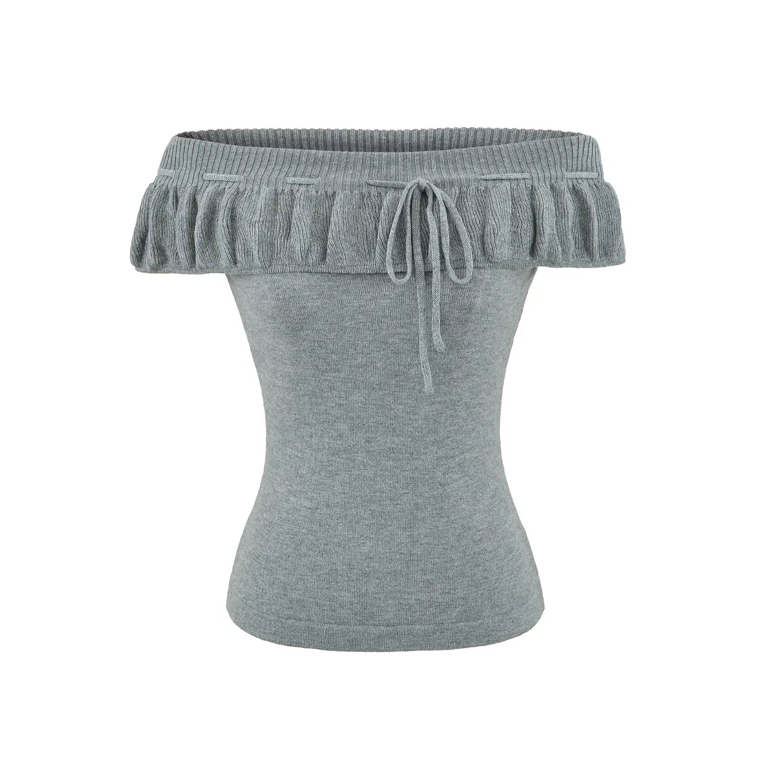 Dark heather gray ruffle knit off shoulder tube top plain white render shot, high stretch knit fabric flounce off-shoulder adjustable drawstring slim cropped top shot