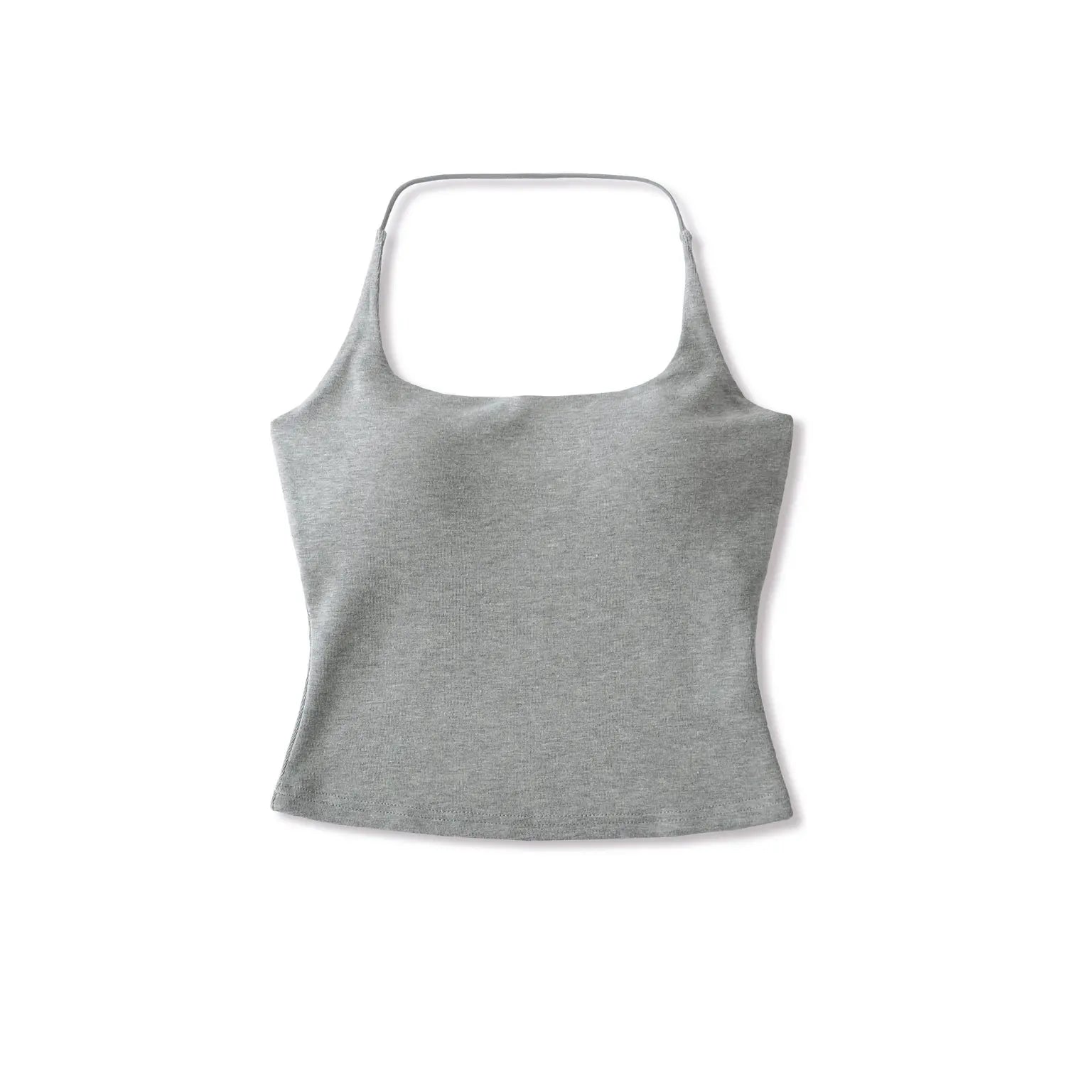 Light gray square halter knit cami front plain white render shot, thin halter straps built-in bust pad waist cinched cropped single product main shot