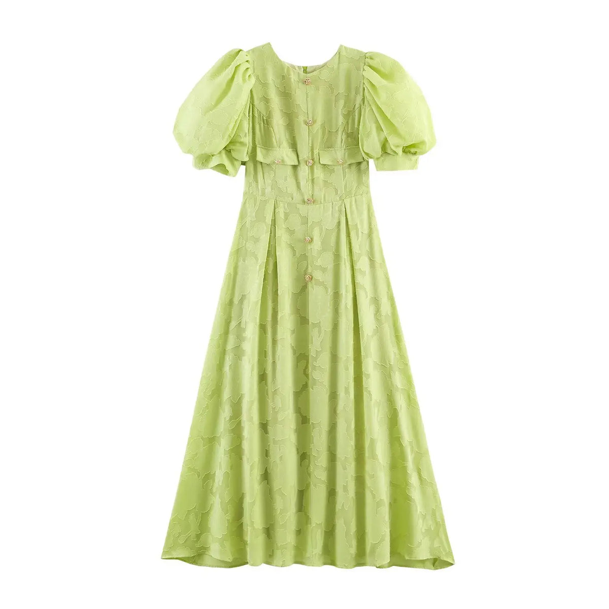 Front view of light green jacquard maxi dress, round neck, puff short sleeves, decorative gold rose buttons, fitted waist and flowy long skirt
