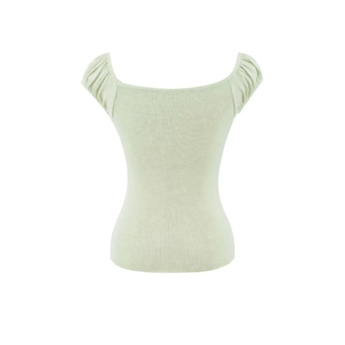 Back view of a light green ribbed off-the-shoulder top with puff sleeves, showing the fitted silhouette and textured knit fabric.