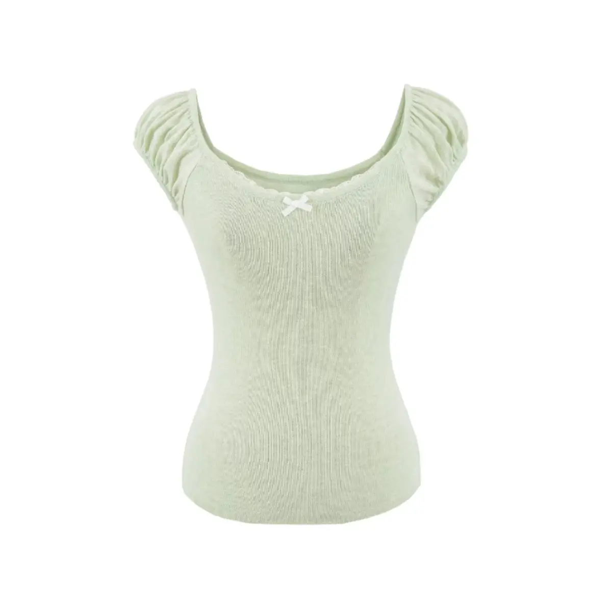 Studio shot of a light green ribbed off-the-shoulder top, showing the puff sleeves, lace trim, small white bow, and fitted silhouette.