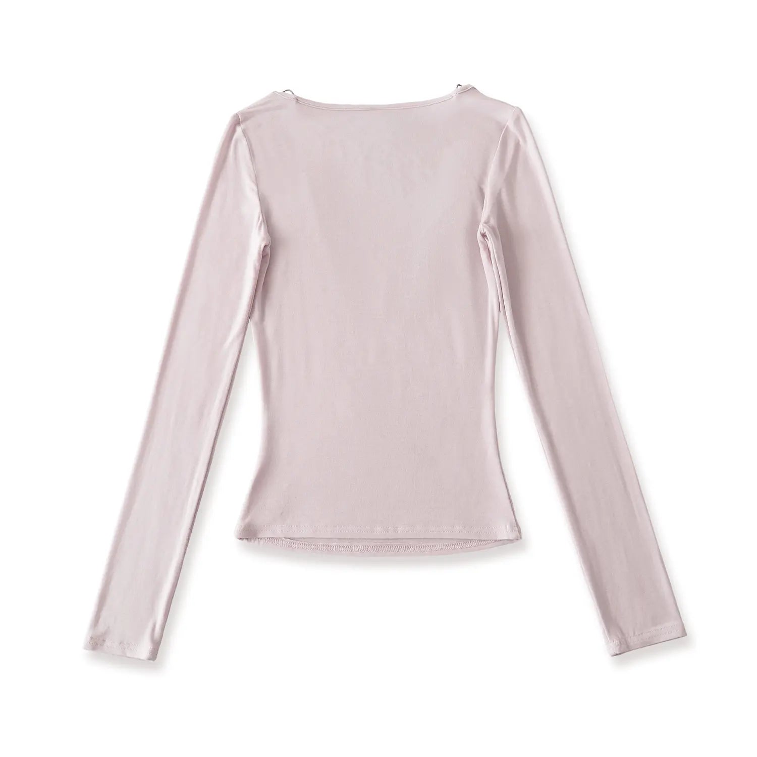 Light lilac lace fake two piece u neck long sleeve top full back plain white flat lay, simple crew back neck solid stretch knit natural ruched slim cropped fit product shot