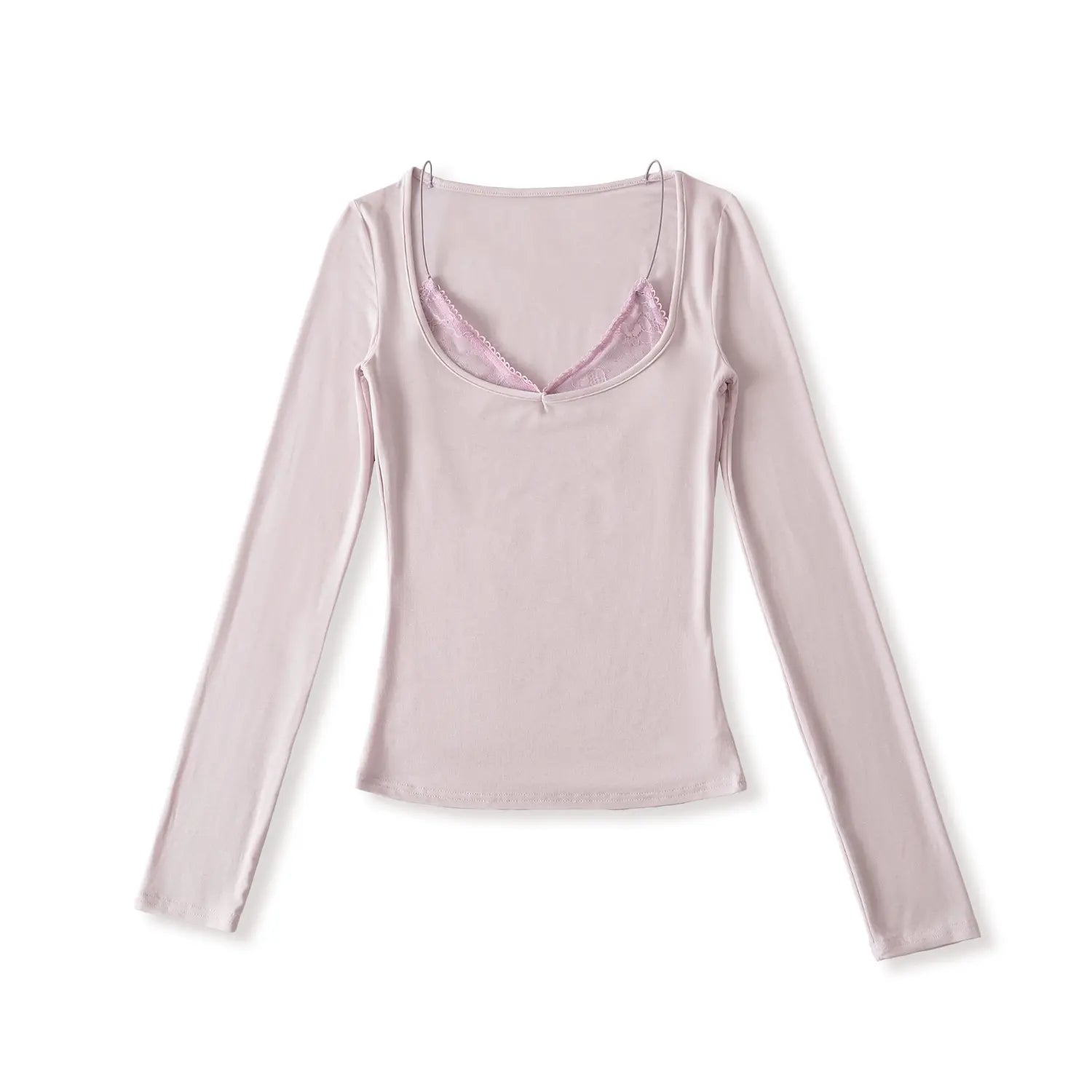 Light lilac lace fake two piece u neck long sleeve top full front plain white flat lay, wide u neck inner lace thin straps high stretch modal slim cropped solid base top product shot