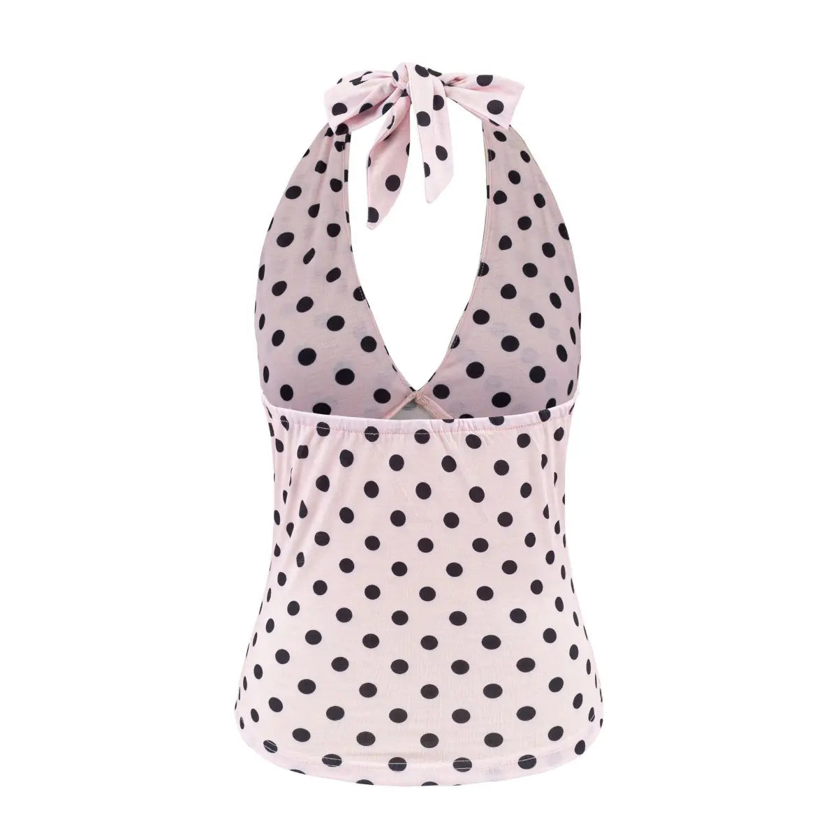  Back view of a light pink halter tank top with black polka dots, showing the tie closure at the neck and smooth back panel.