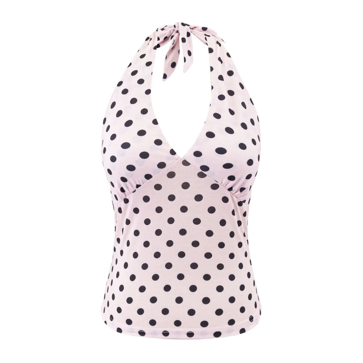 Flat view of a light pink halter tank top with black polka dots, V-neck, gathered bust, and tie closure at the neck.