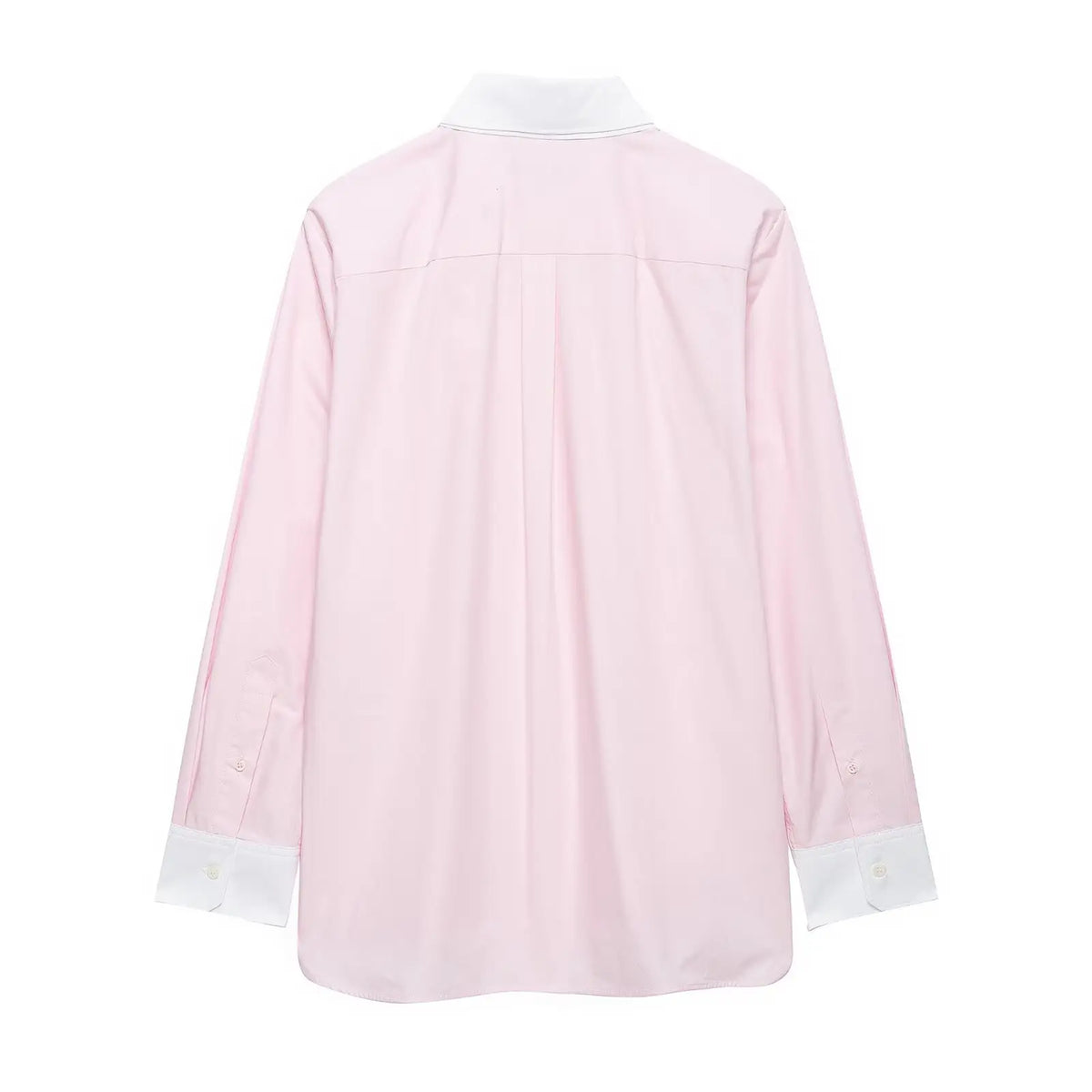 Light pink contrast collar cuff button front shirt, back flat lay