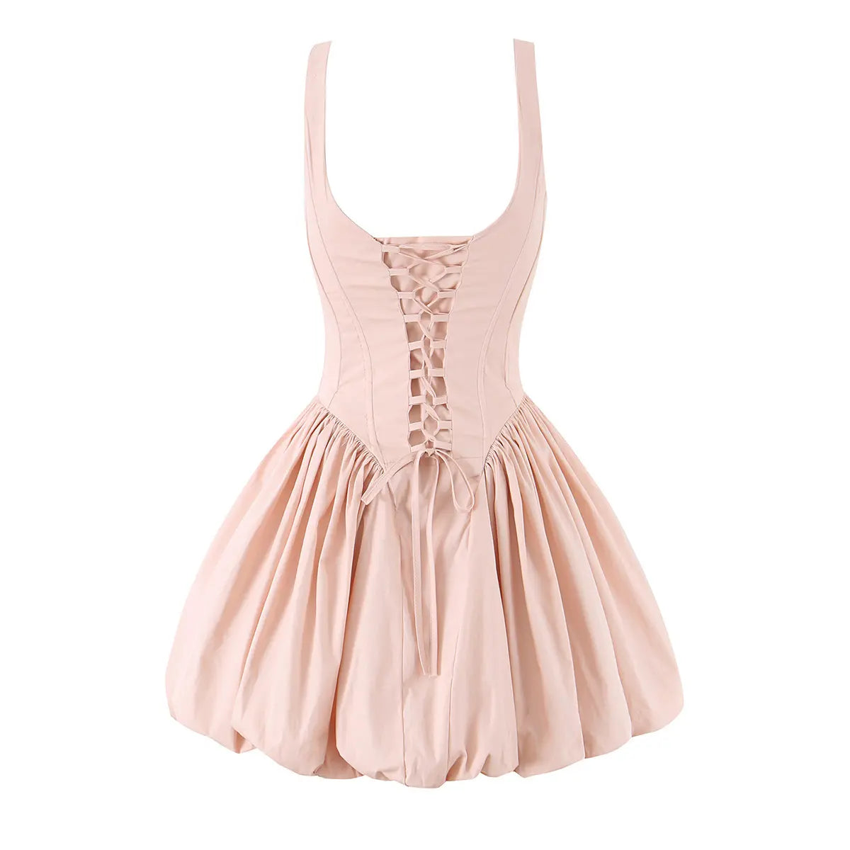 Studio shot of the back view of a light pink corset dress, showing the lace-up closure and bubble hem.