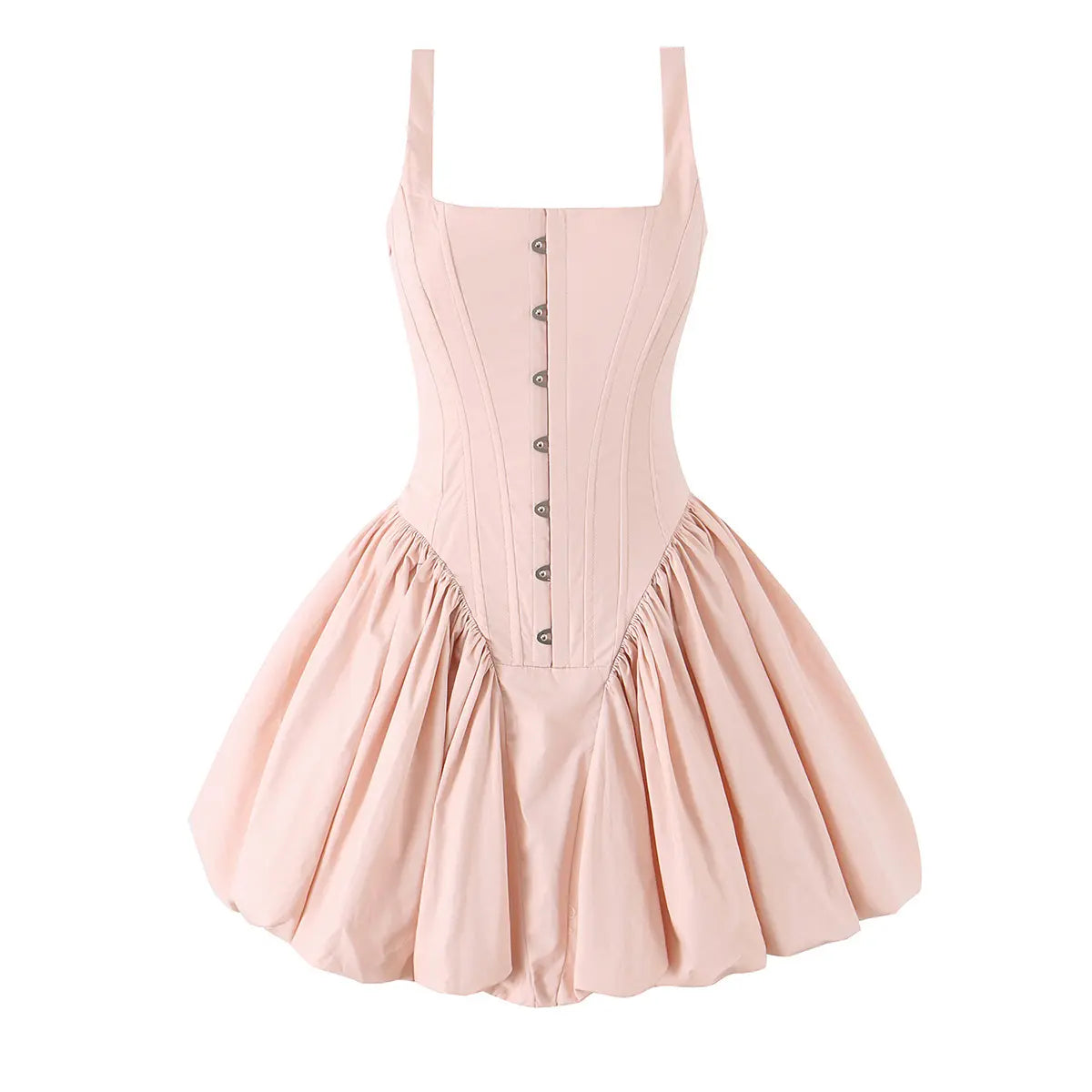 Front view of a light pink corset-style dress with metal eyelet details and a bubble hem.