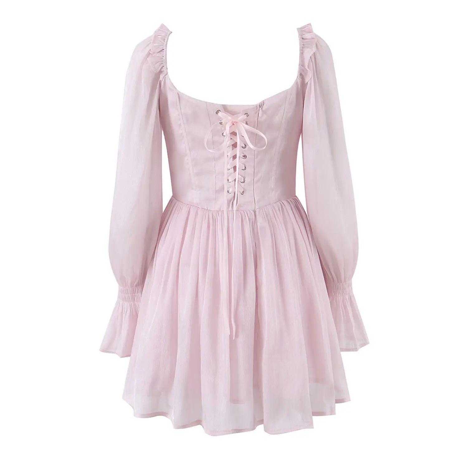 Complete back flat view, square back neckline, ruffle edge, vertical lace-up corset back, self tie drawstring, long sheer sleeves, flared chiffon skirt