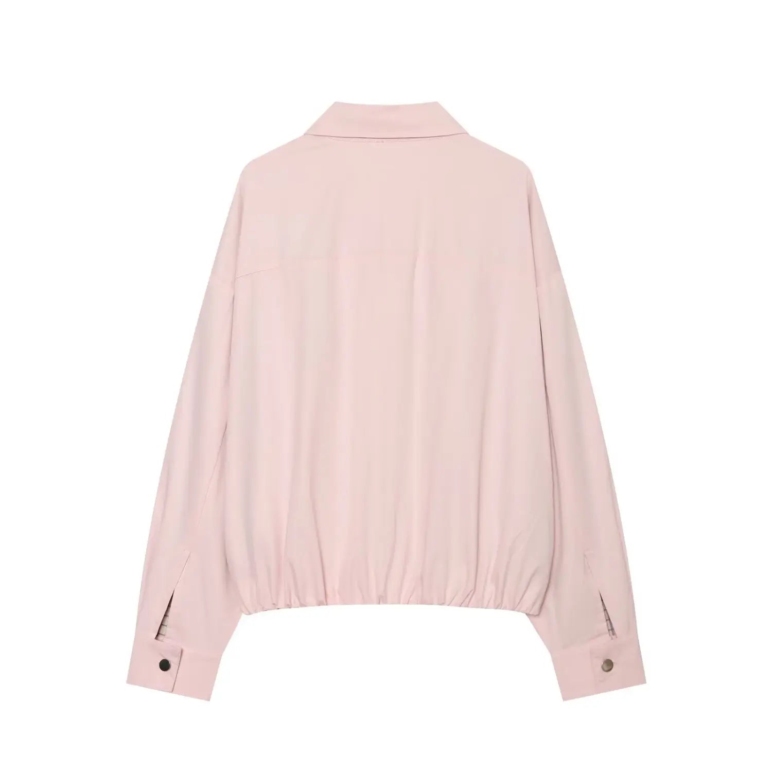 Back view light pink long sleeve cropped jacket with elastic hem