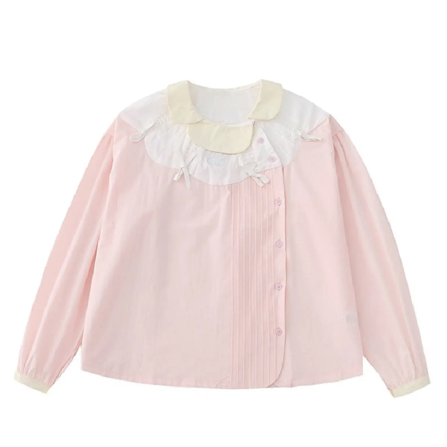 Light pink double contrast peter pan collar bow long sleeve cotton blouse white flat lay, cream double ruffle doll collar shoulder white tiny bows vertical front pleated tucks matching pink buttons cuff cream trim loose japanese sweet girl shirt hero shot
