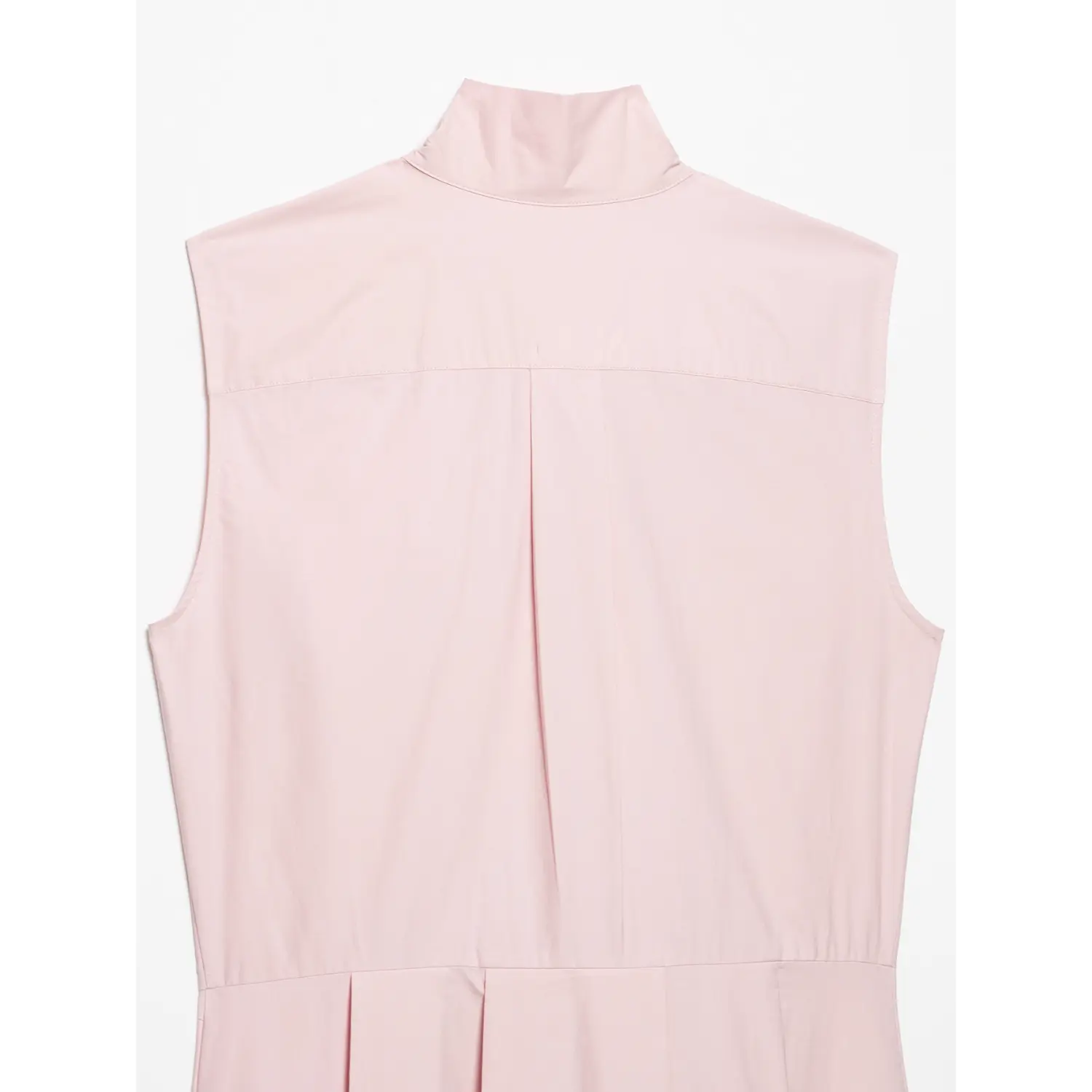 Back flat partial shot of stand collar and center back box pleat for pale pink sleeveless bow tie midi dress