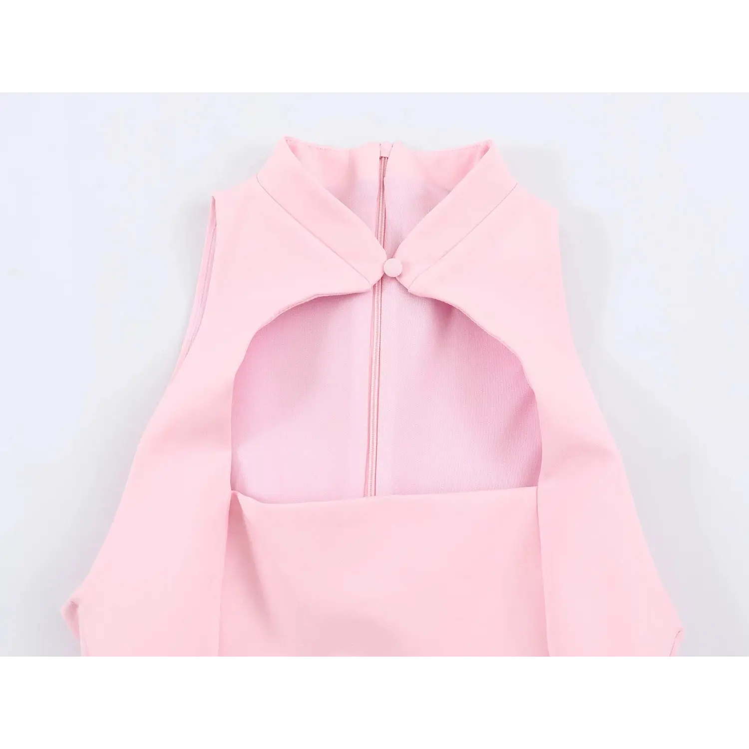 Upper front stand collar hollow cutout close-up, matching covered fabric button, inner lining visible through chest cutout