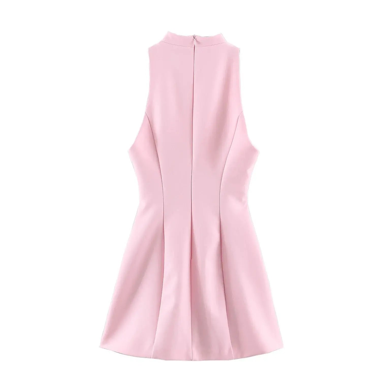 Full back flat view pink sleeveless dress, plain seamless back panel, central invisible zipper, structured A-line flared hem, clean sleeveless armhole cut