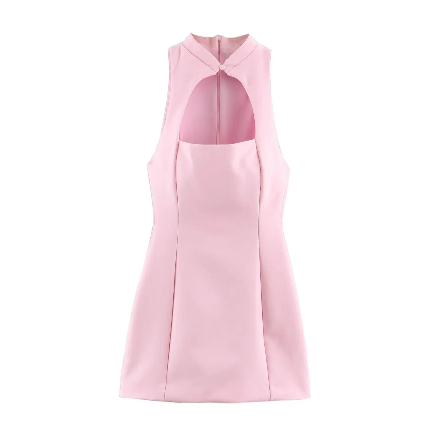 Full front flat lay mini dress, solid light pink stretch fabric, halter stand collar with single fabric button, front hollow cutout, sleeveless fitted waist, flared A-line skirt, back invisible zipper