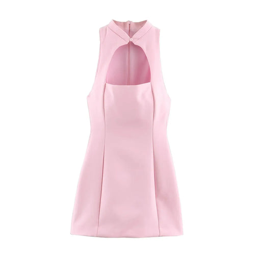 Full front flat lay mini dress, solid light pink stretch fabric, halter stand collar with single fabric button, front hollow cutout, sleeveless fitted waist, flared A-line skirt, back invisible zipper