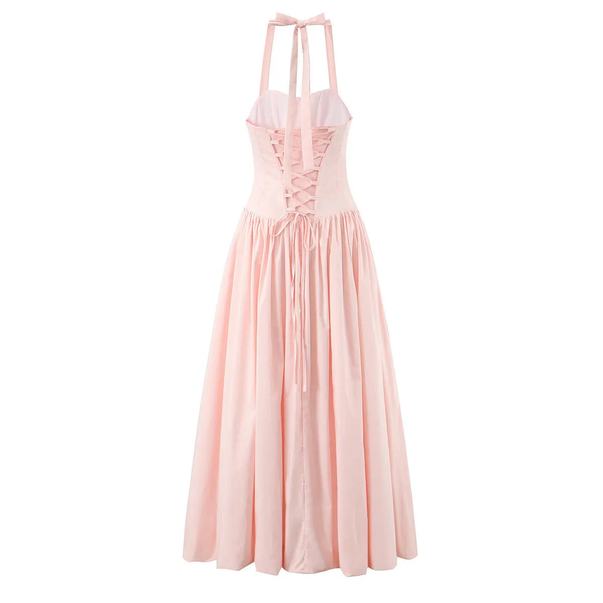 Full back view of a light pink halter maxi dress, highlighting the corset lace-up closure and halter tie.