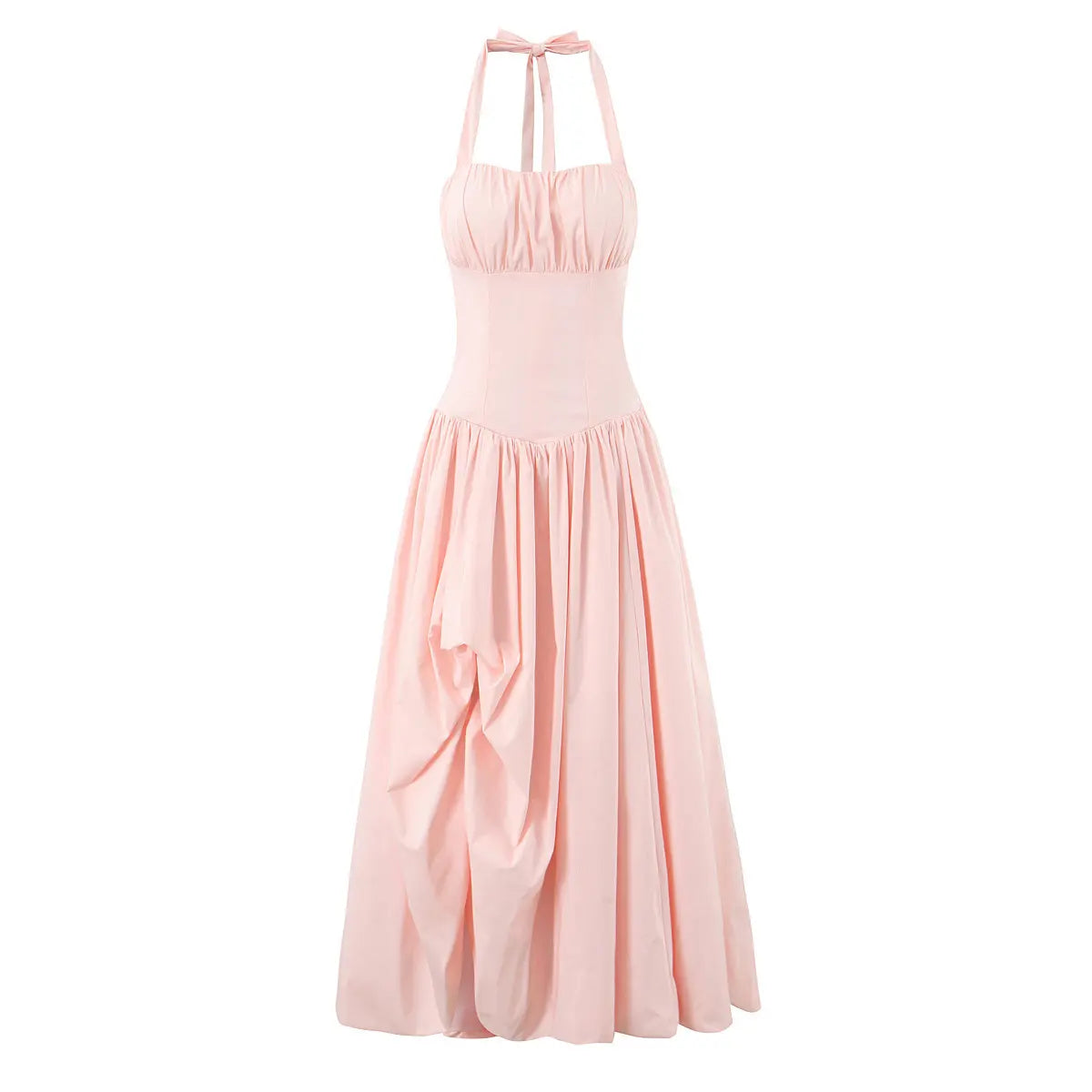  Full front view of a light pink halter maxi dress, featuring a halter bow, gathered bodice, corset-style waist, and voluminous flared skirt.