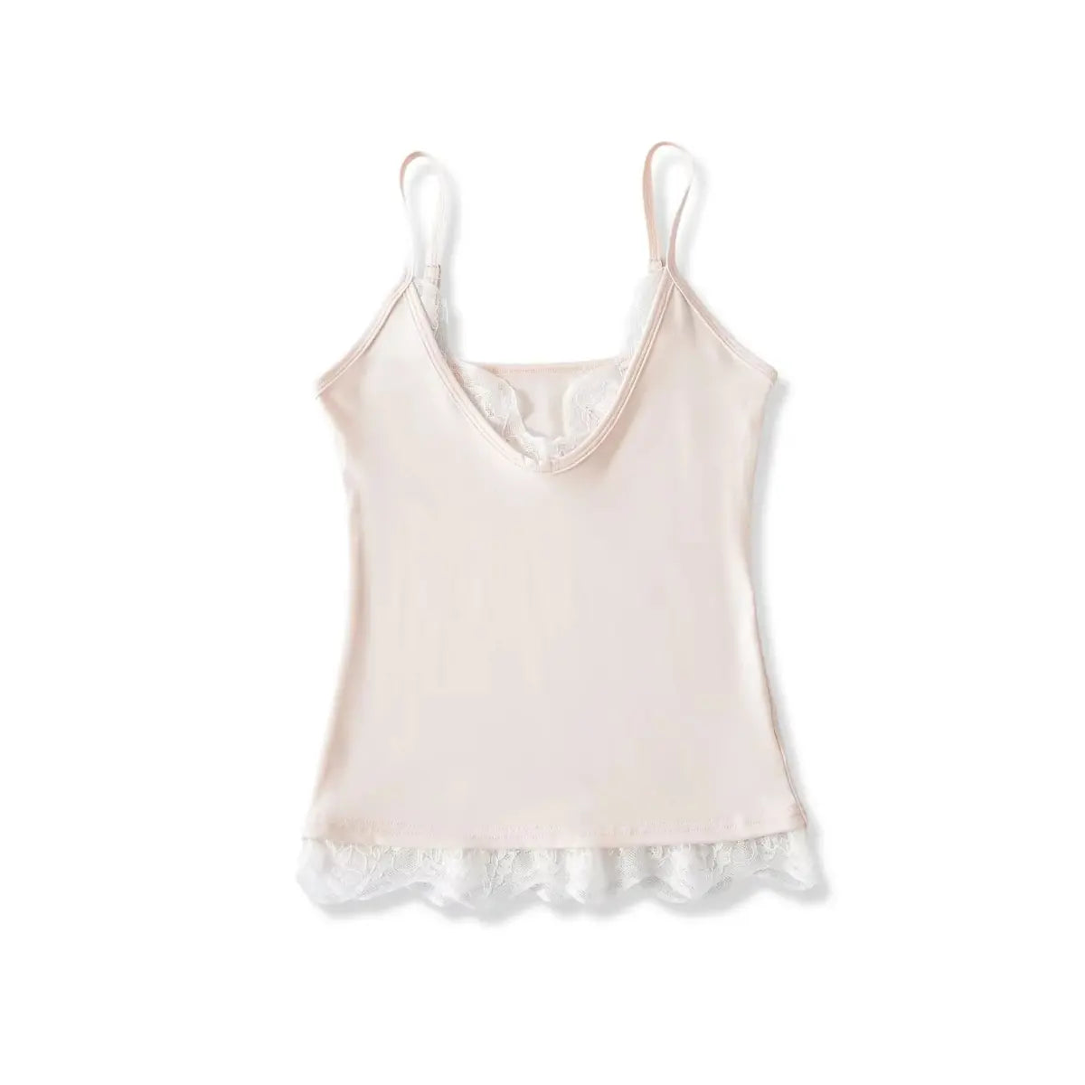Full front view of a light pink lace-trimmed cami top, featuring a V-neck with lace trim, adjustable straps, and a lace-trimmed hem.