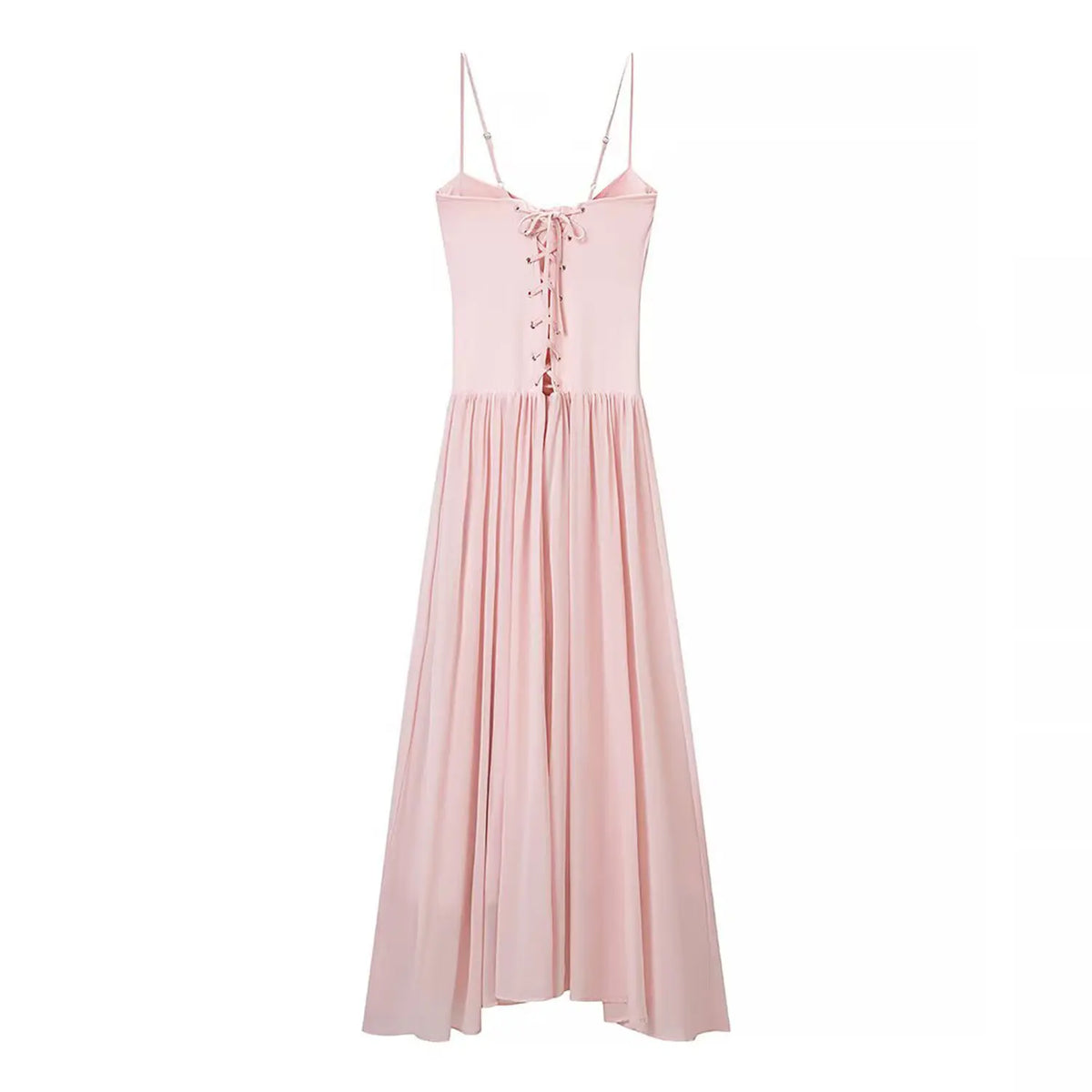 Back flat lay of light pink lace up back maxi dress