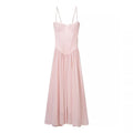 Front flat lay of light pink lace up back corset A line maxi dress