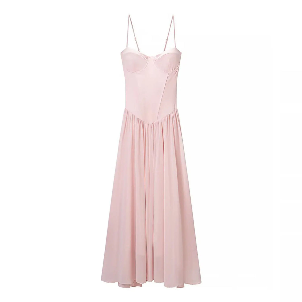 Front flat lay of light pink lace up back corset A line maxi dress