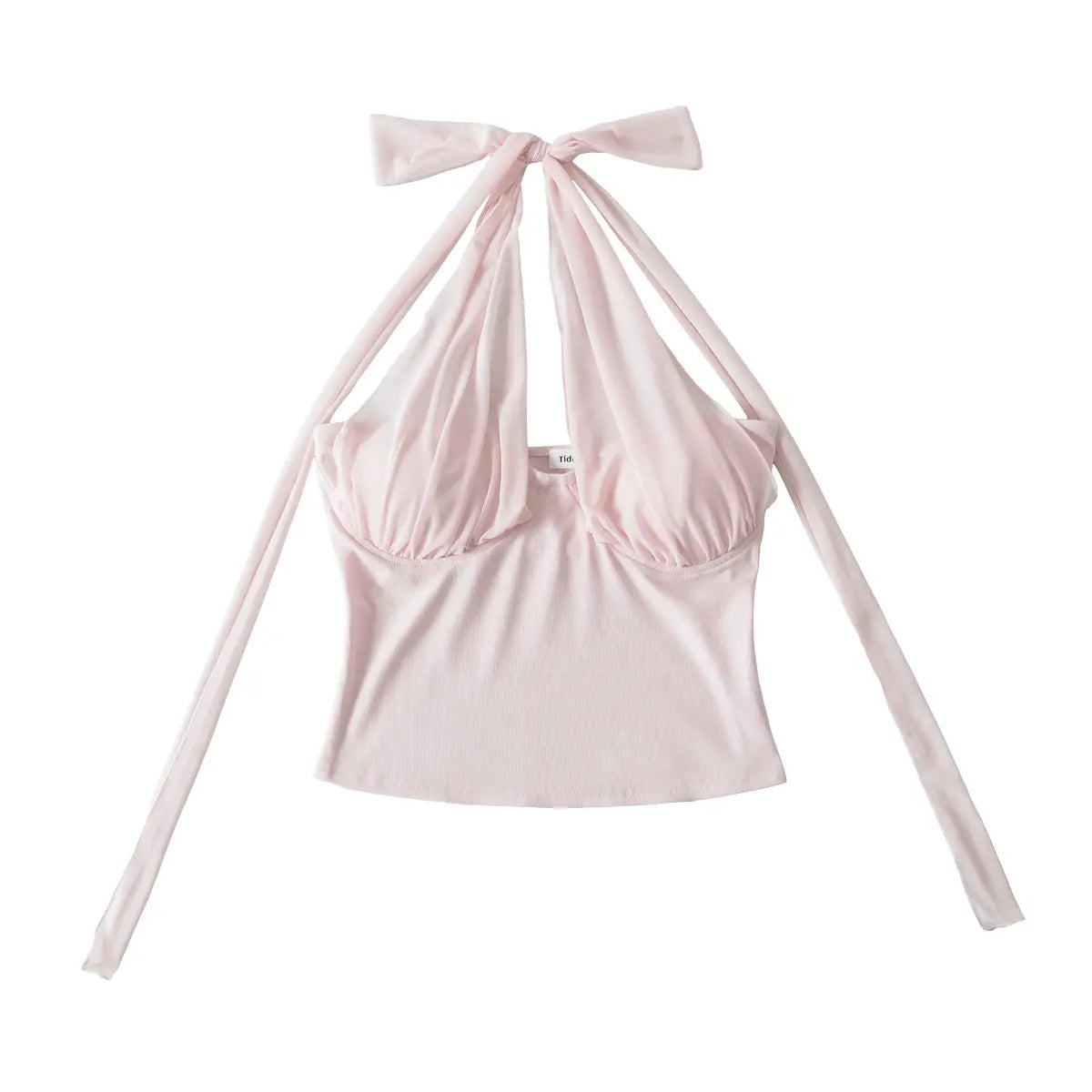 Full front view of the light pink halter top, featuring a matching sheer mesh bow tie, gathered bust overlay, and ribbed knit base.