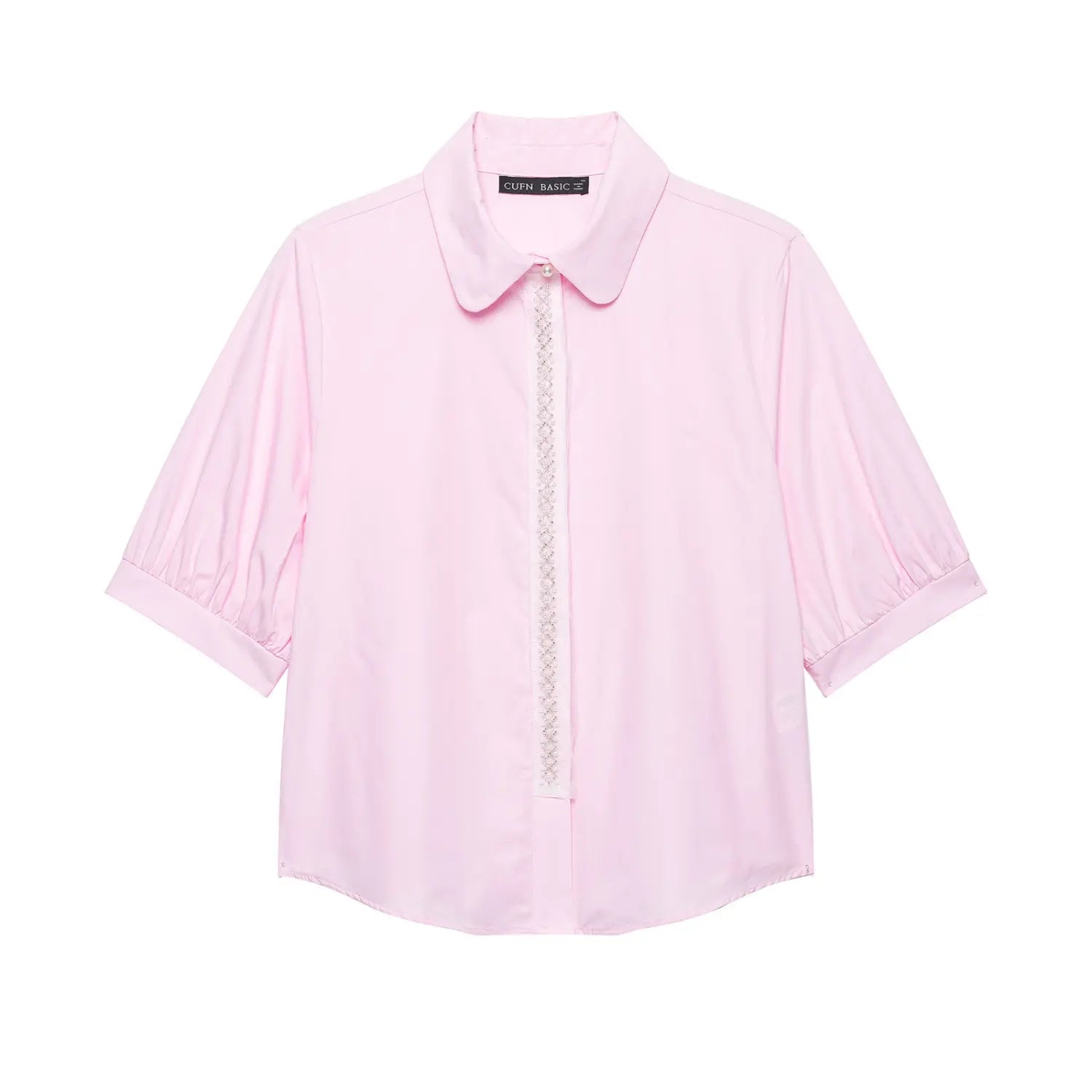 Light pink collared cropped blouse with lace pearl placket and mid puff sleeves front view