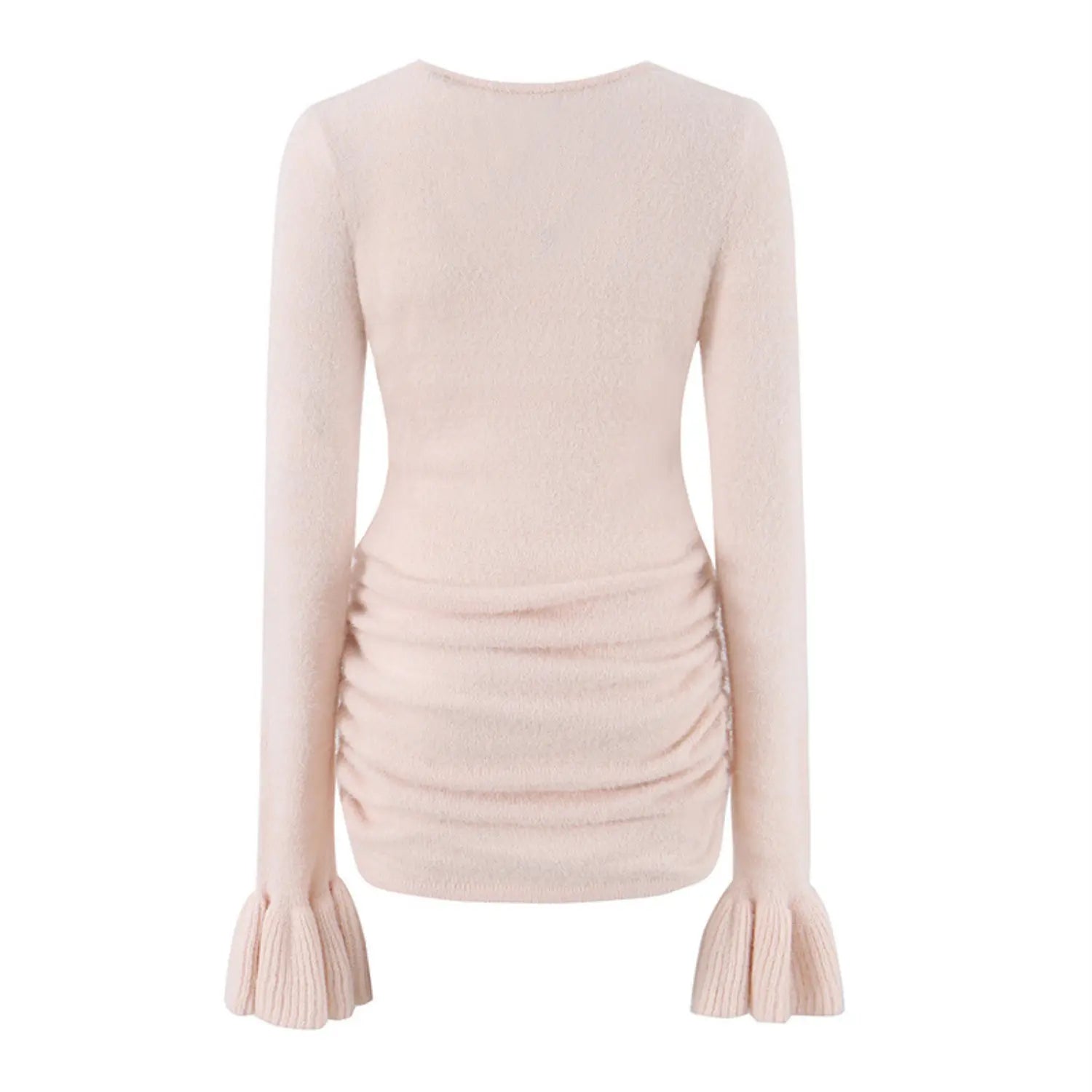 Back shot blush pink fuzzy knit long sleeve slim top, seamless back waist ruching curved hem women casual tunic