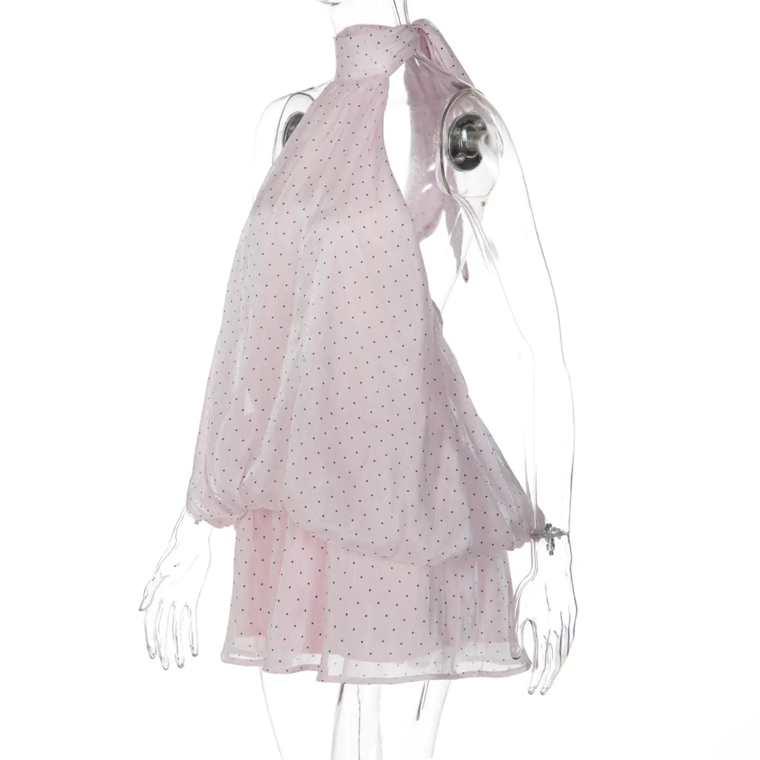 Light pink polka dot sleeveless halter mini dress mannequin side view