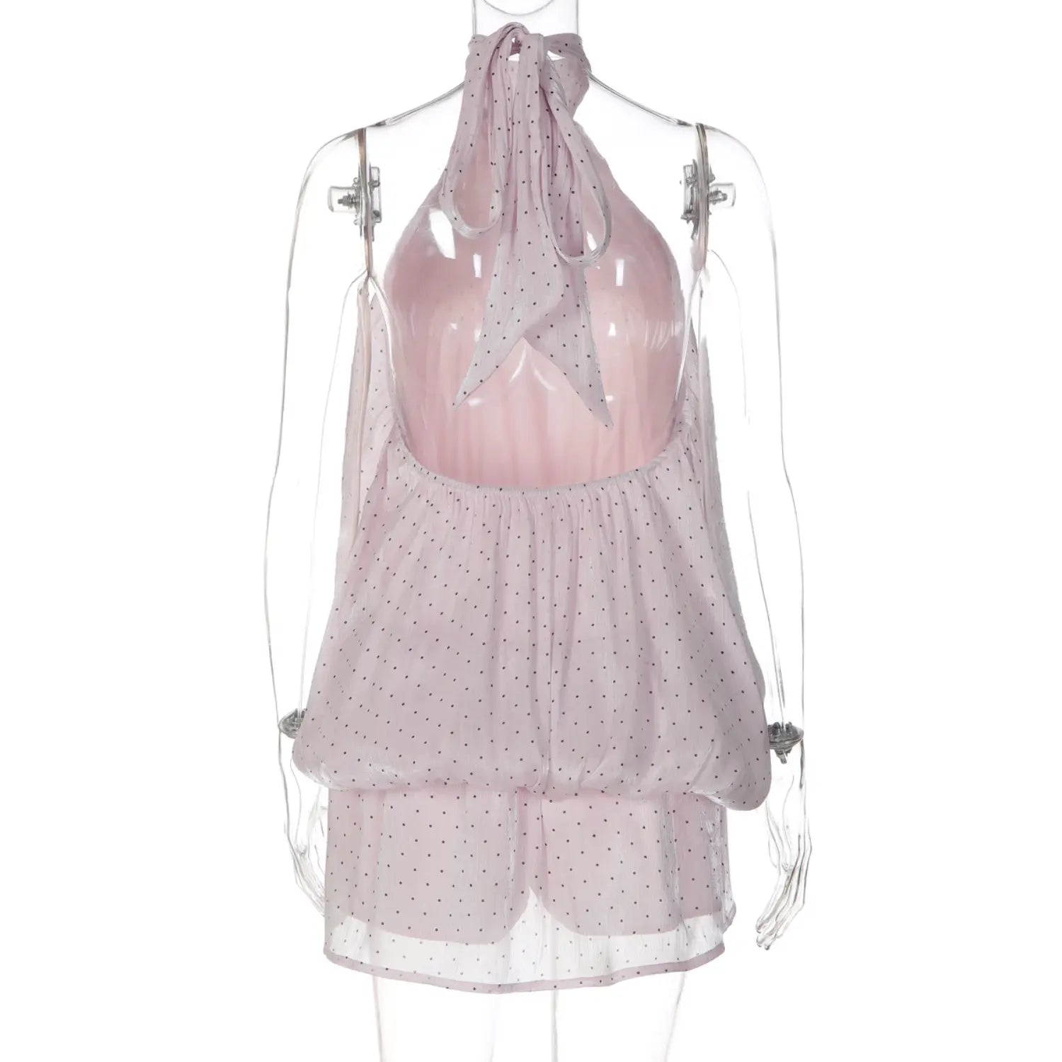 Light pink polka dot halter bubble dress mannequin back open back tie detail