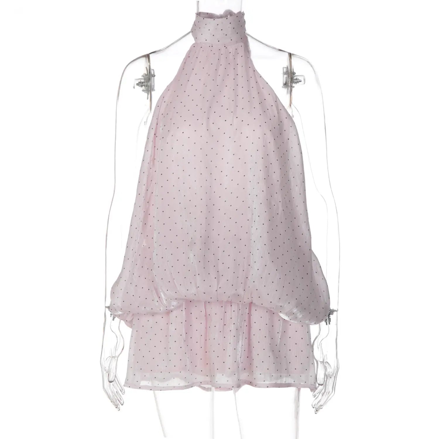 Light pink polka dot halter neck bubble mini dress transparent mannequin front view