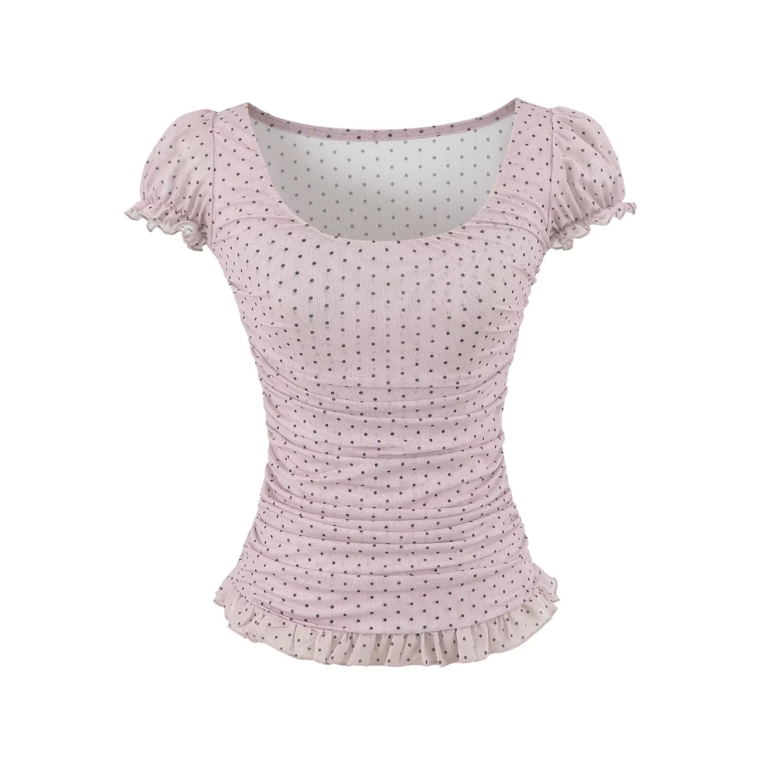 Isolated studio shot, dusty pink mesh polka dot top, low square neck, gathered waist shaping and ruffle bottom hem