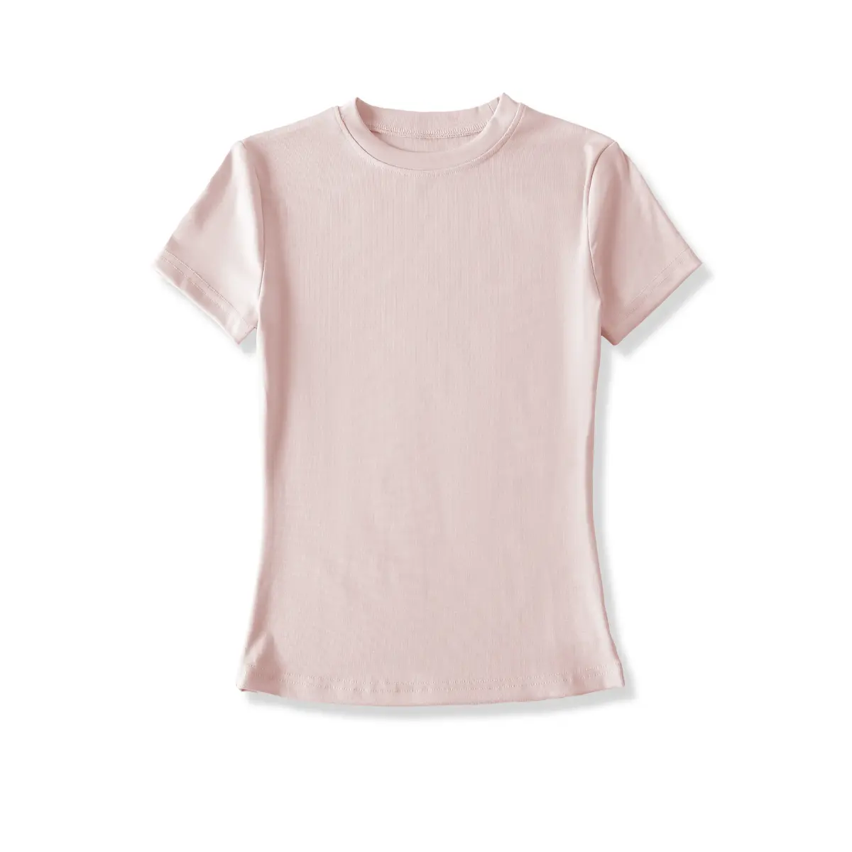 Full front view on white background of light pink form-fitting crew-neck t-shirt