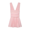 Soft pink sleeveless deep V dress with gathered bust, waist wrap ruched detail, flowy skater hem, apparel flat lay front view