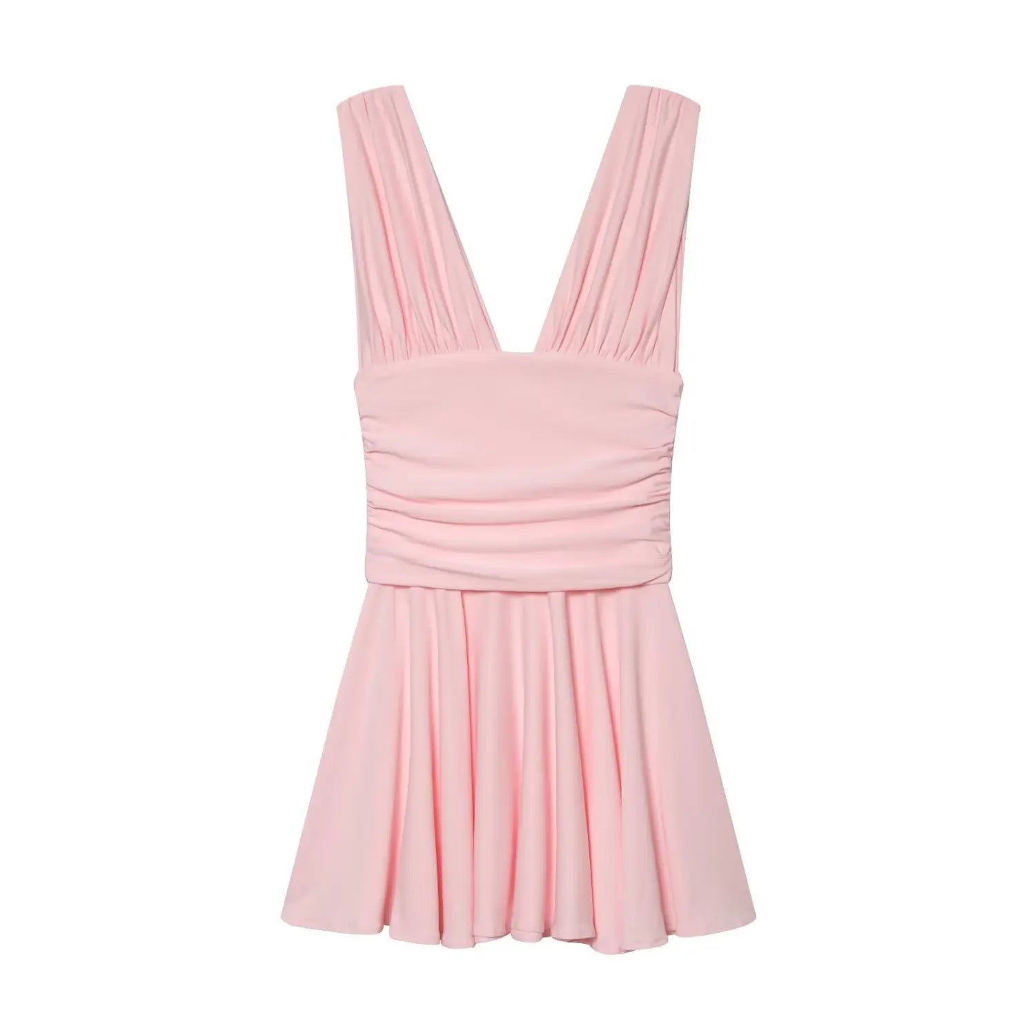 Soft pink sleeveless deep V dress with gathered bust, waist wrap ruched detail, flowy skater hem, apparel flat lay front view