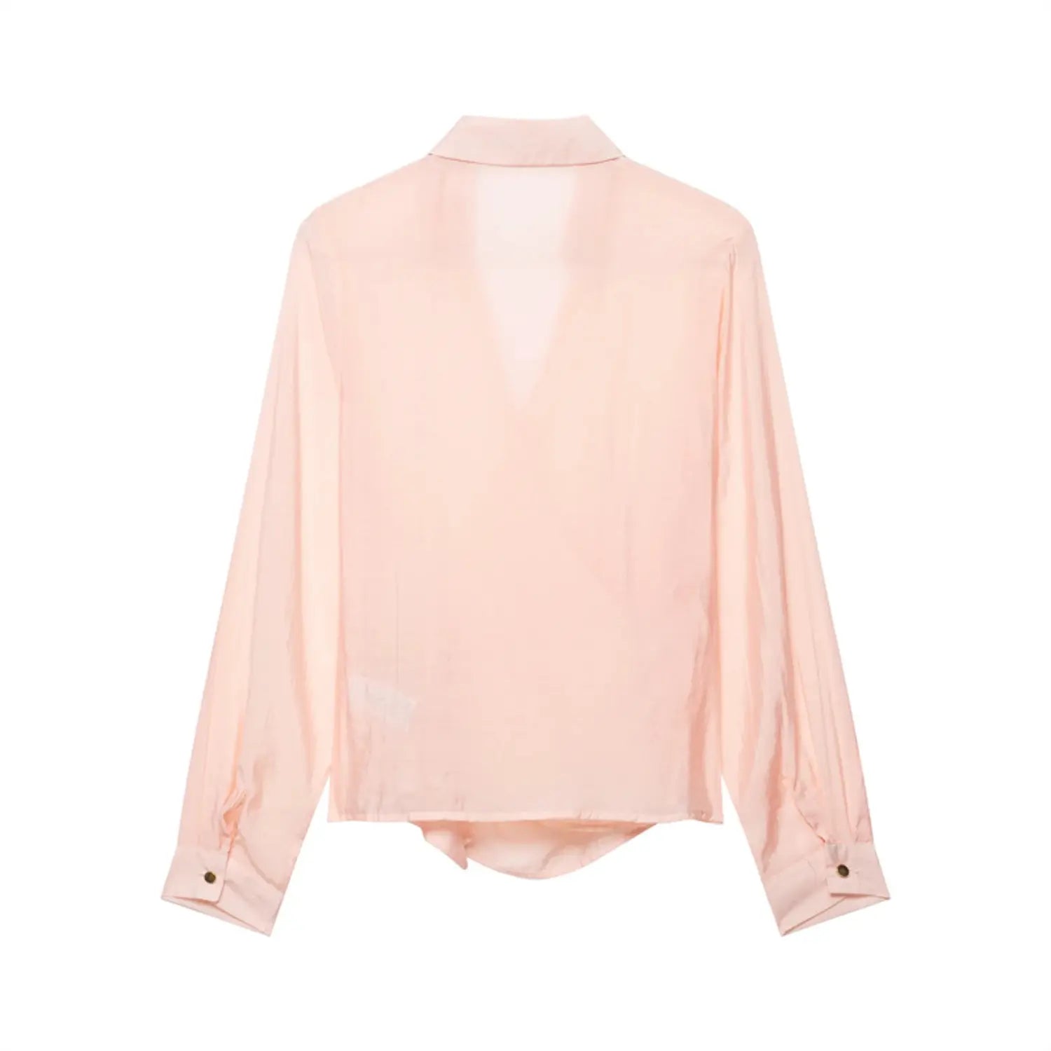 Complete back flat view, seamless plain back panel, shoulder diagonal shaping seams, long straight sleeves, smooth satin luster