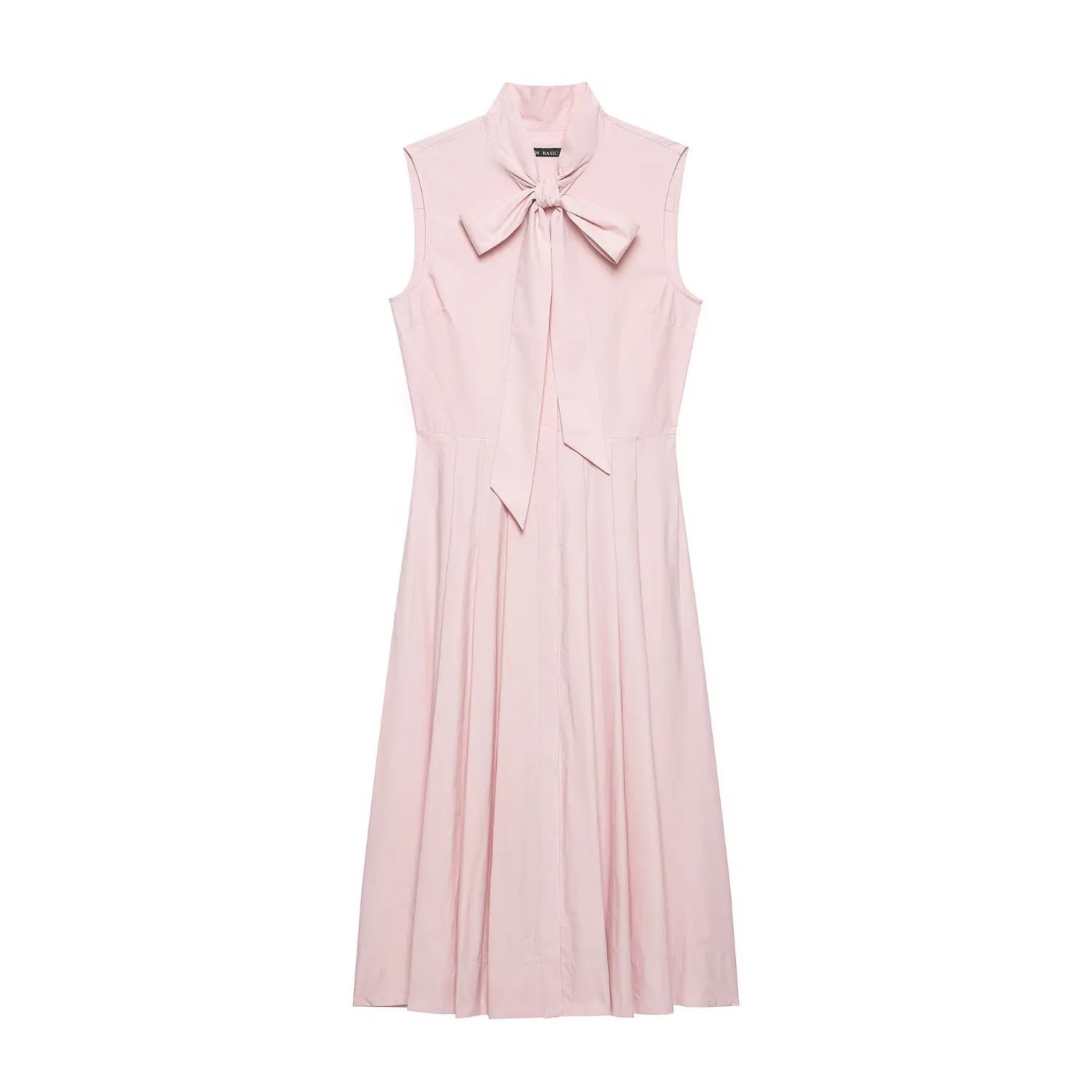 Studio white background full front shot of light pink sleeveless high neck midi dress, front self fabric bow tie detail, vertical pleated A-line skirt, crisp cotton woven fabric