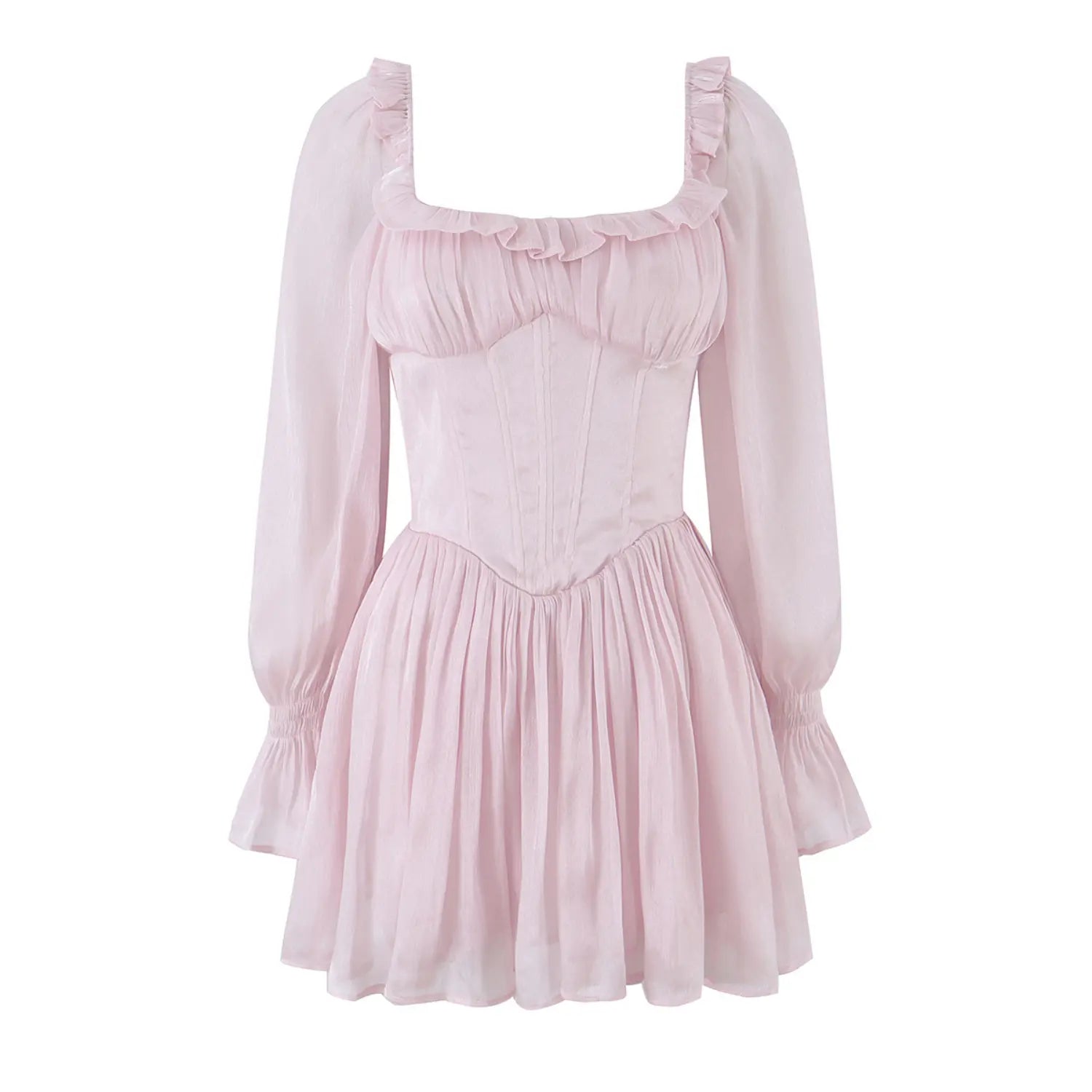 Full front flat lay of light pink mini dress, square neckline with ruffle trim, sheer long sleeves, corset boning bodice, gathered flowy chiffon skirt, pale pink lightweight fabric