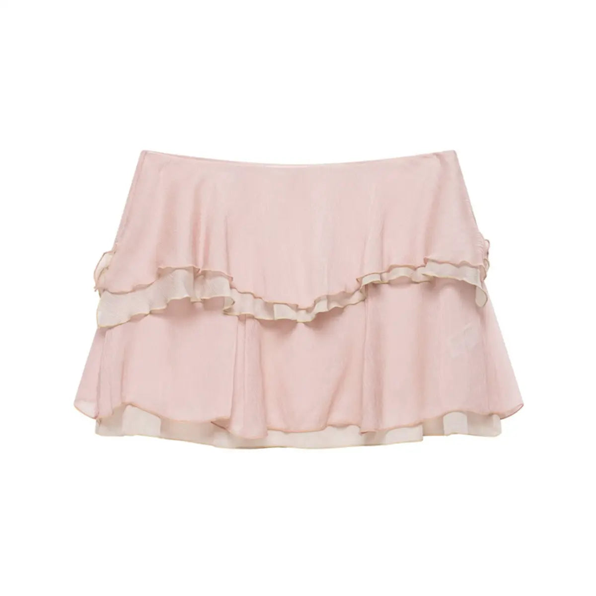 Flat lay view of a light pink tiered chiffon mini skirt, showcasing the two-layer ruffle design and contrast beige hem trim.
